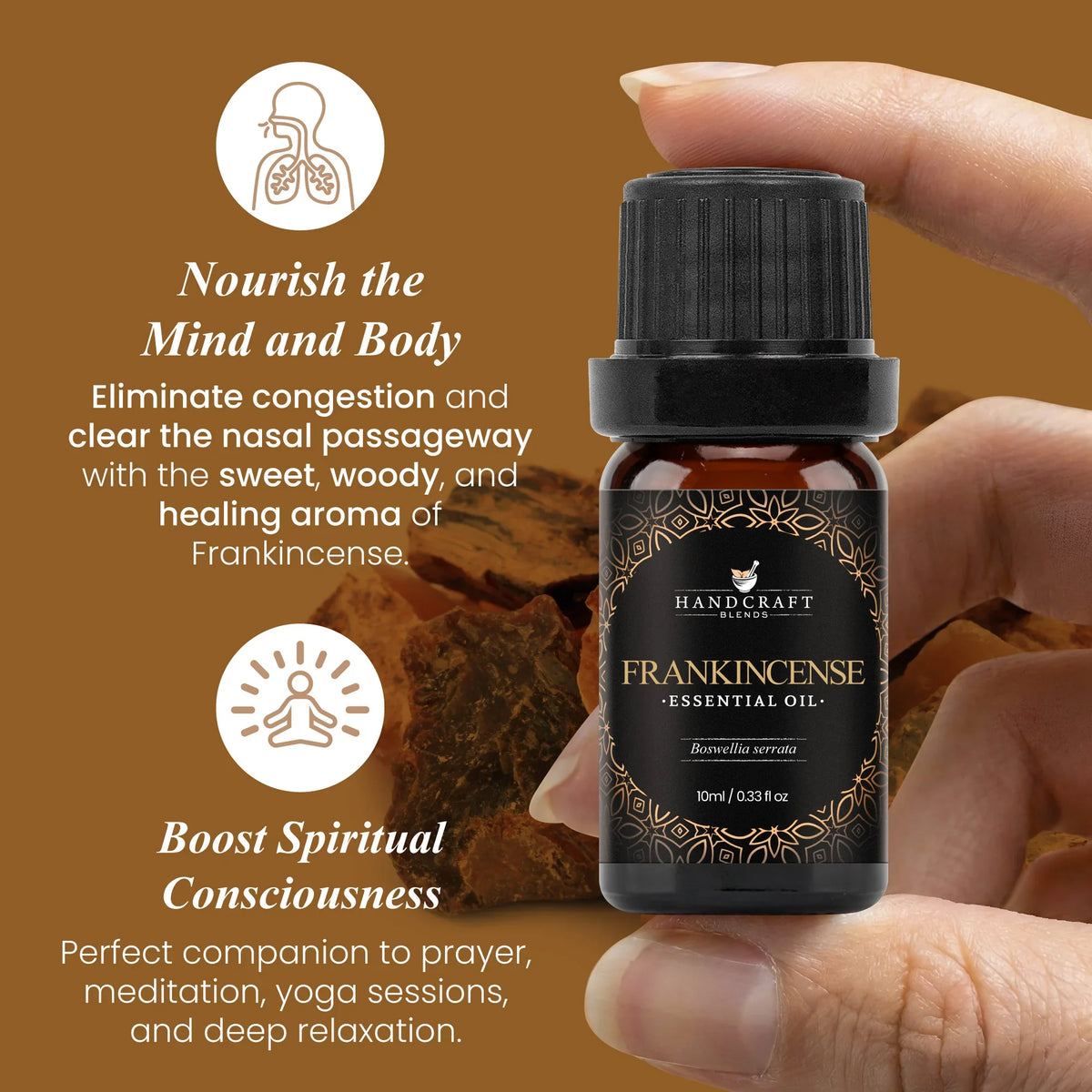 Hand holding a 10ml bottle of frankincense essential oil with text on benefits and brown background.