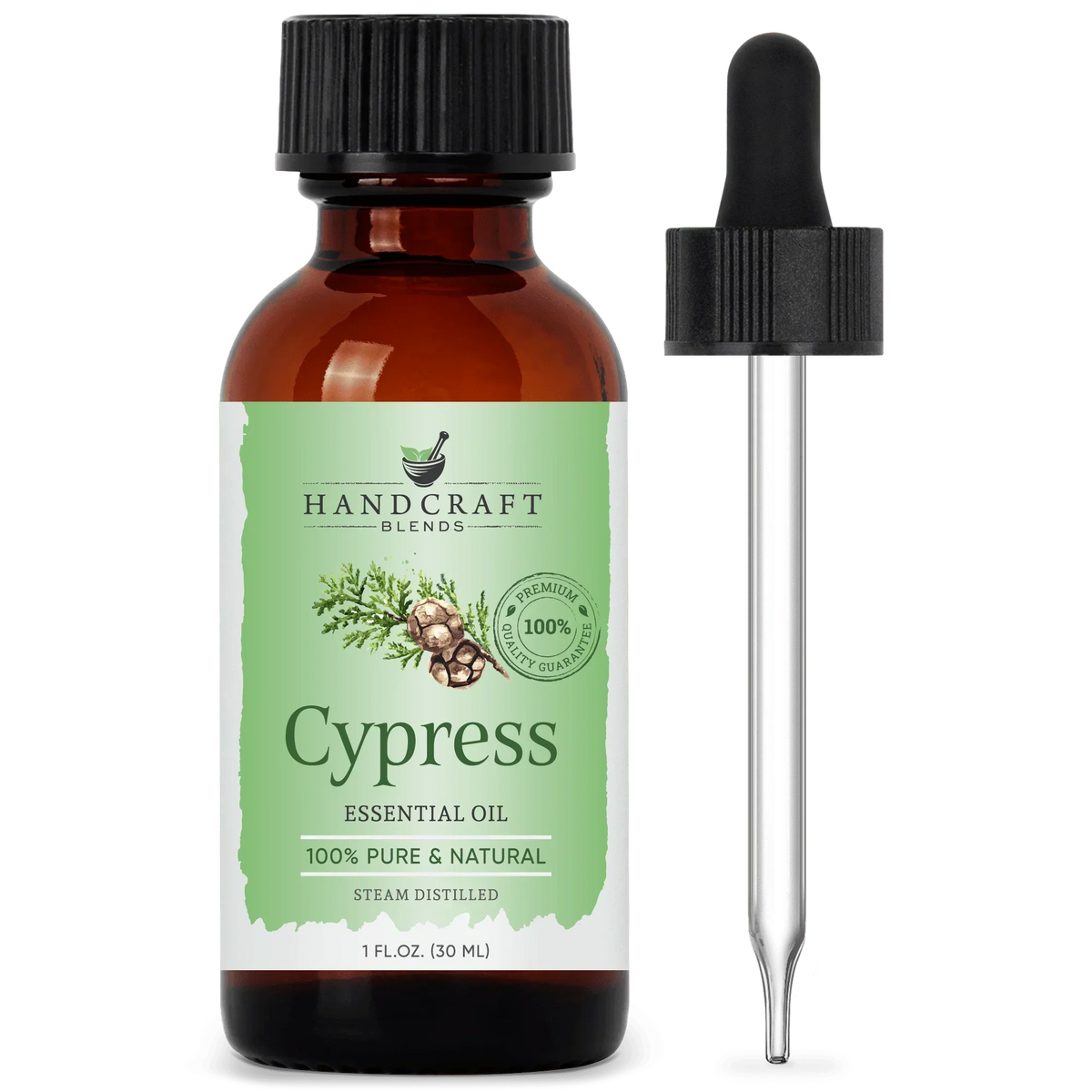 Cypress essential oil 1 oz amber bottle with dropper, pure natural aromatherapy.