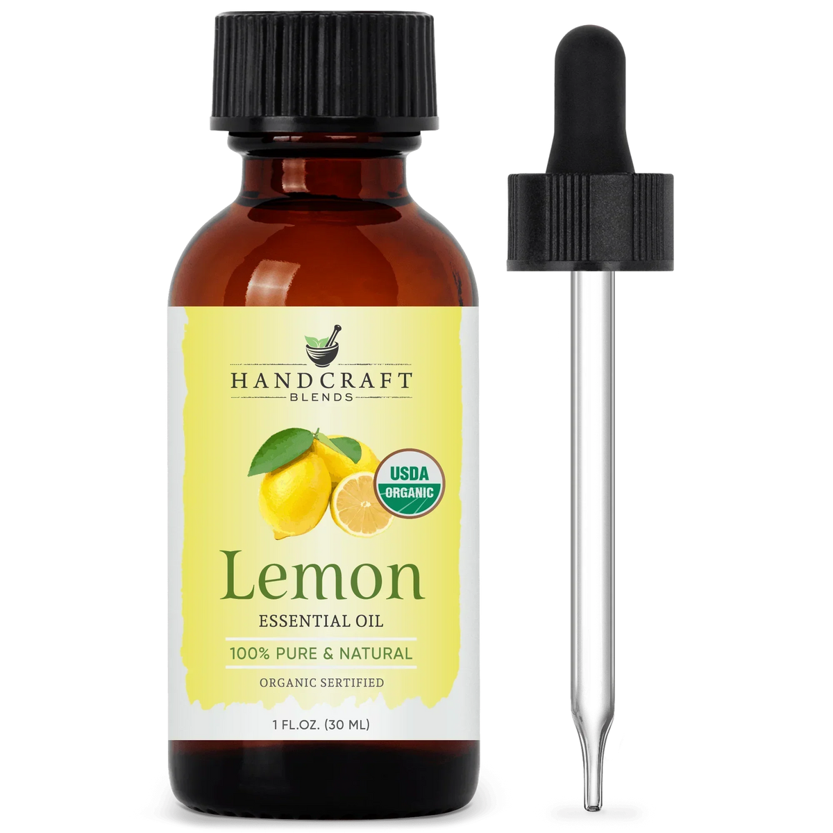 Lemon essential oil bottle with dropper, organic label, and lemon fruit illustration