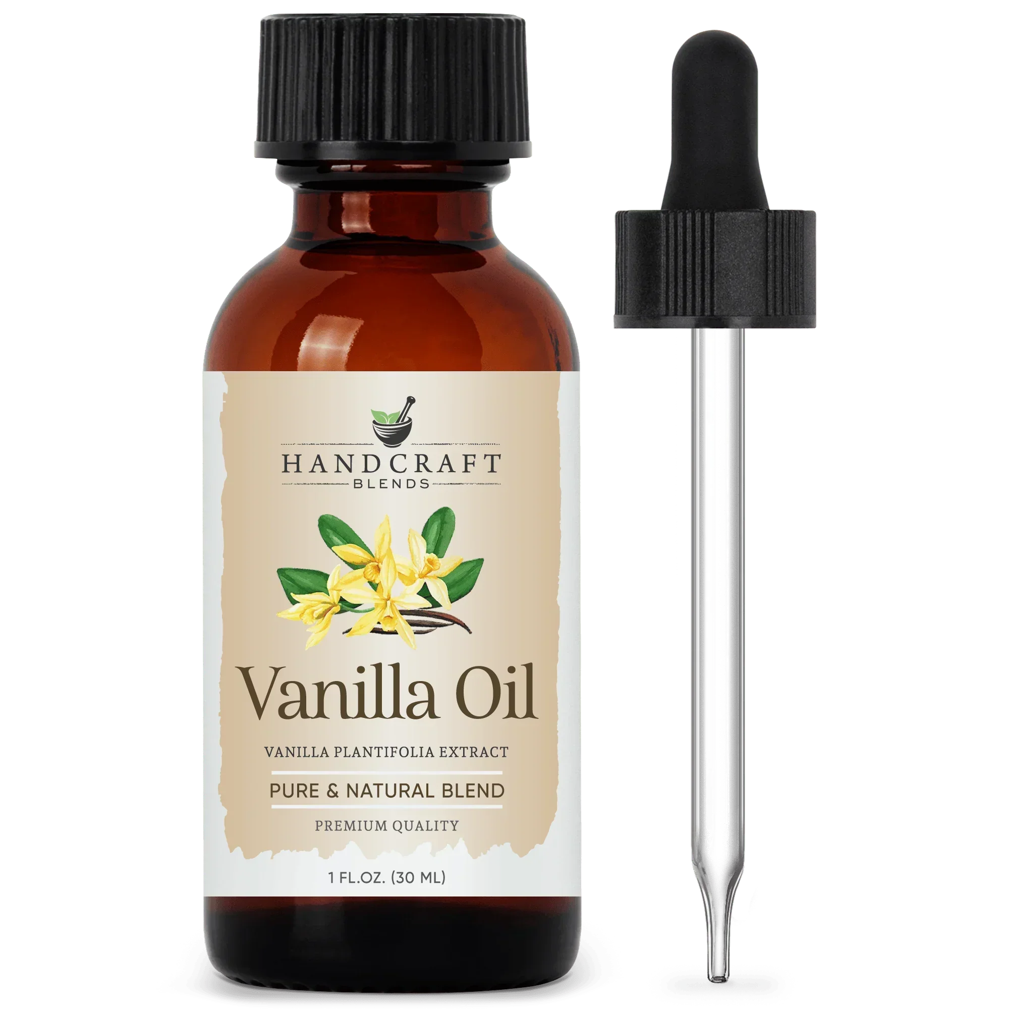 Amber bottle labeled Vanilla Oil with vanilla flowers and dropper for aromatherapy