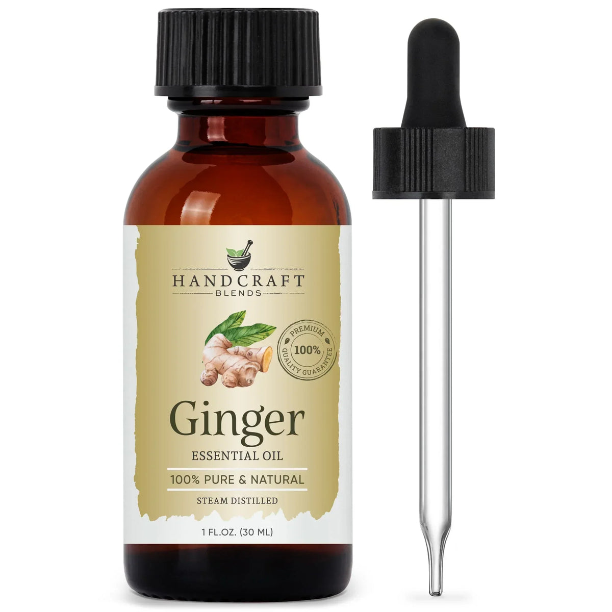 Amber bottle of ginger essential oil with glass dropper, 1oz, labeled 100% pure and natural.