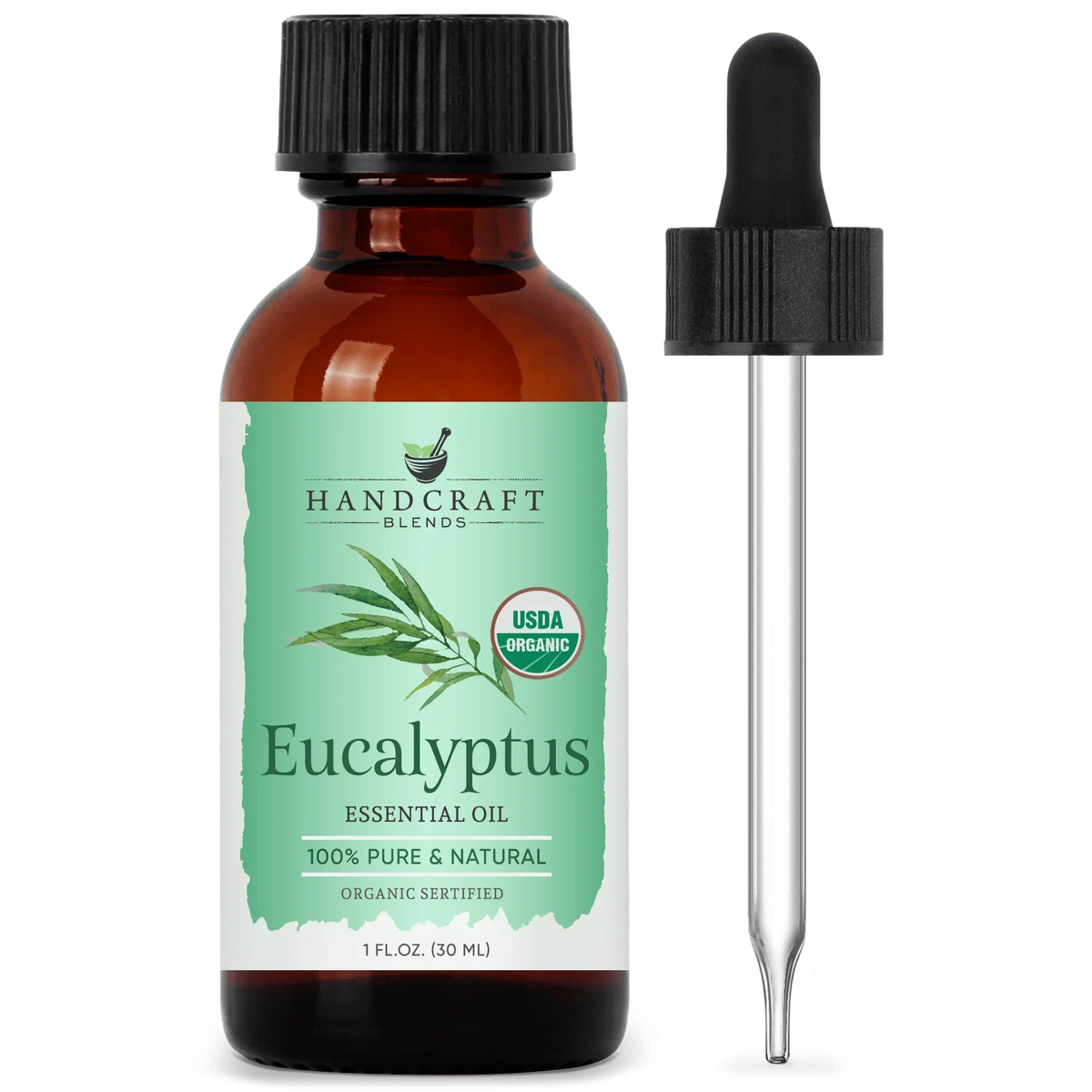 Amber bottle of organic eucalyptus essential oil with dropper, 1 oz, for aromatherapy
