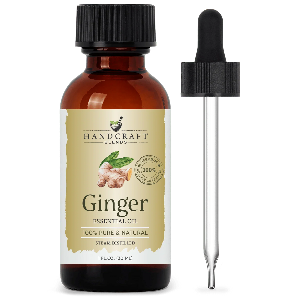 Ginger essential oil bottle with dropper, 100% pure and natural, 1 oz, steam distilled.