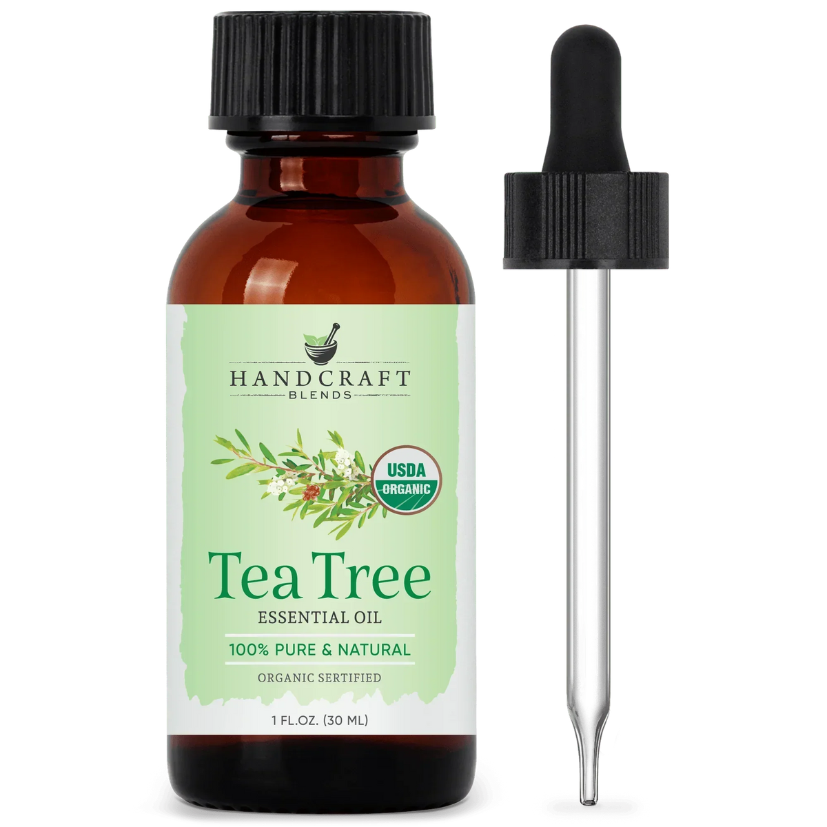 USDA organic tea tree essential oil bottle with dropper, 1oz, for aromatherapy.