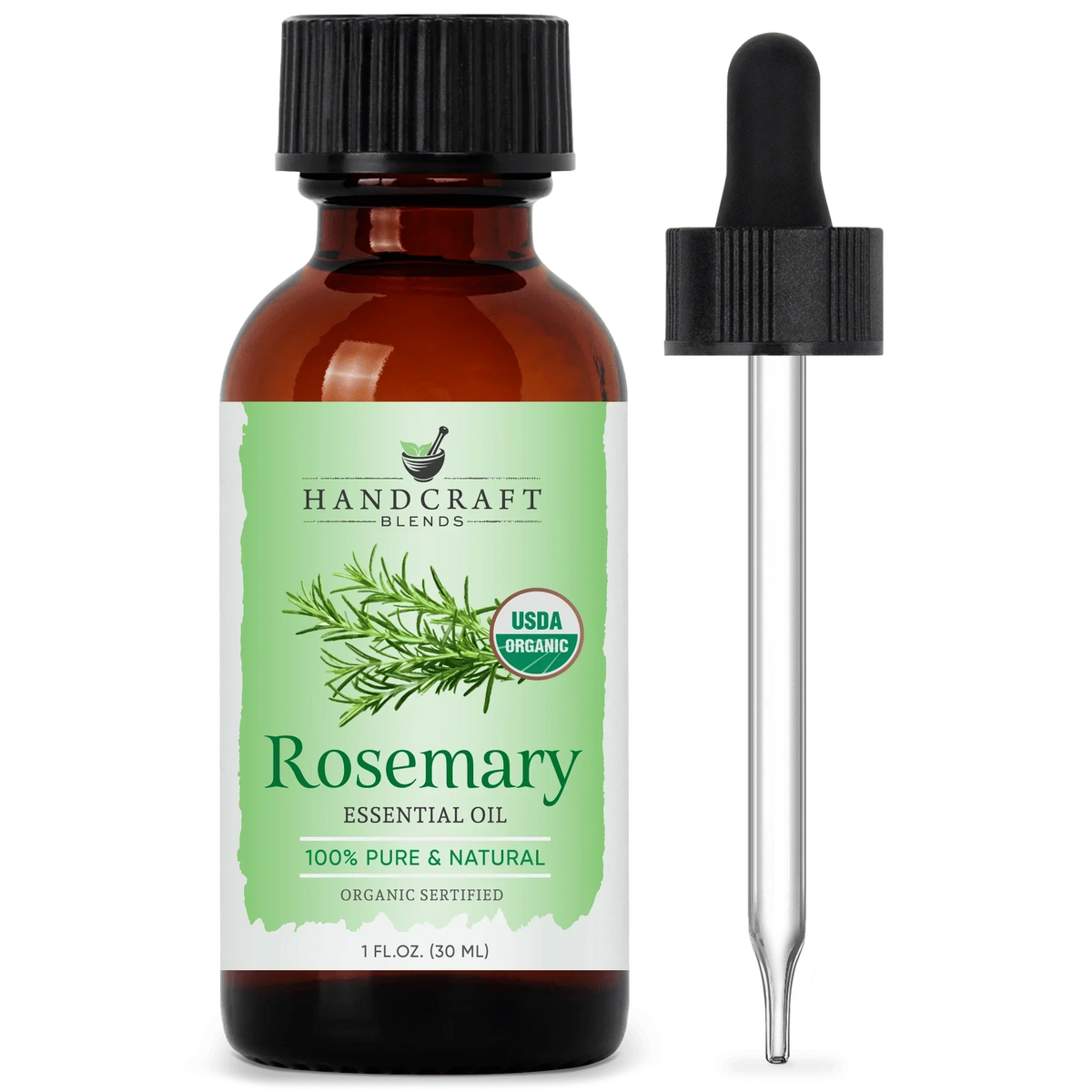 Amber bottle of organic rosemary essential oil with dropper, 1 oz, green label