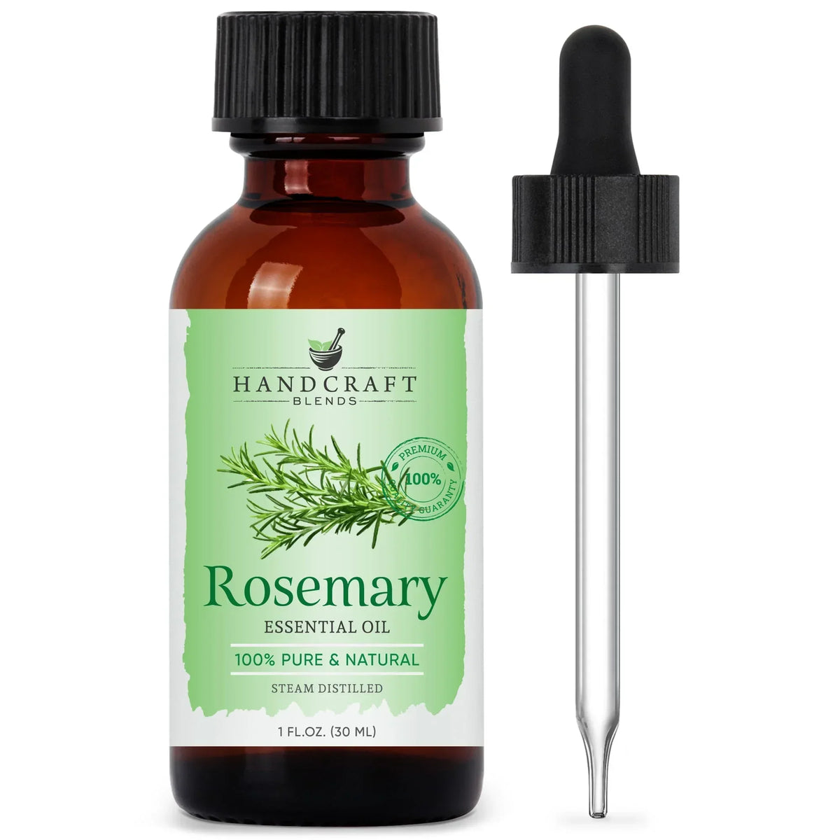 Amber bottle of rosemary essential oil with dropper, labeled 100% pure and natural.