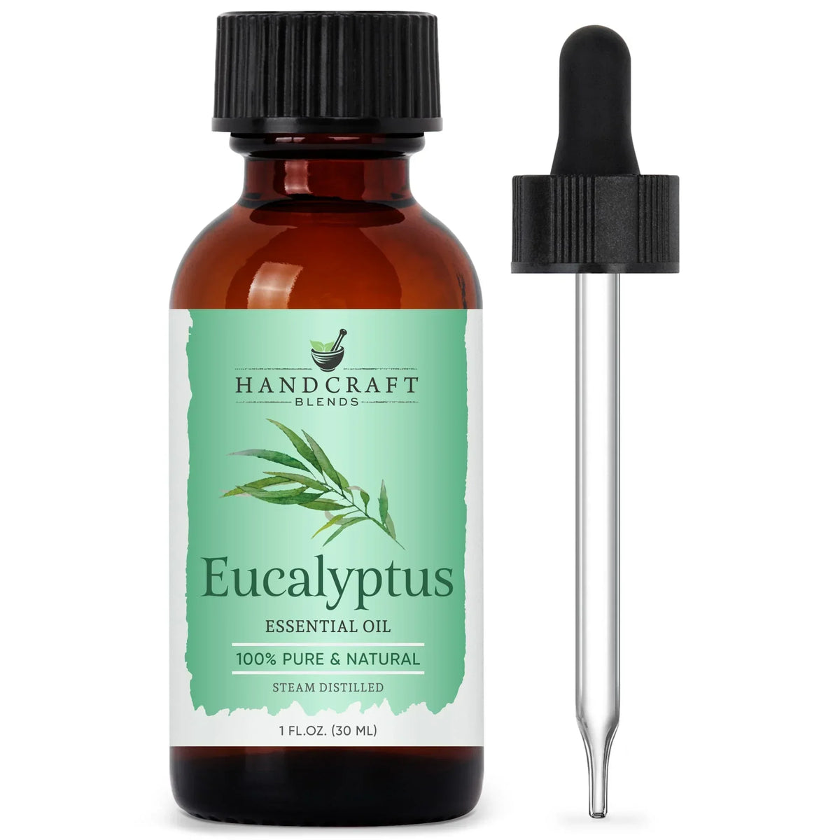 Amber glass bottle of eucalyptus essential oil with dropper, green herbal label, 1 oz size