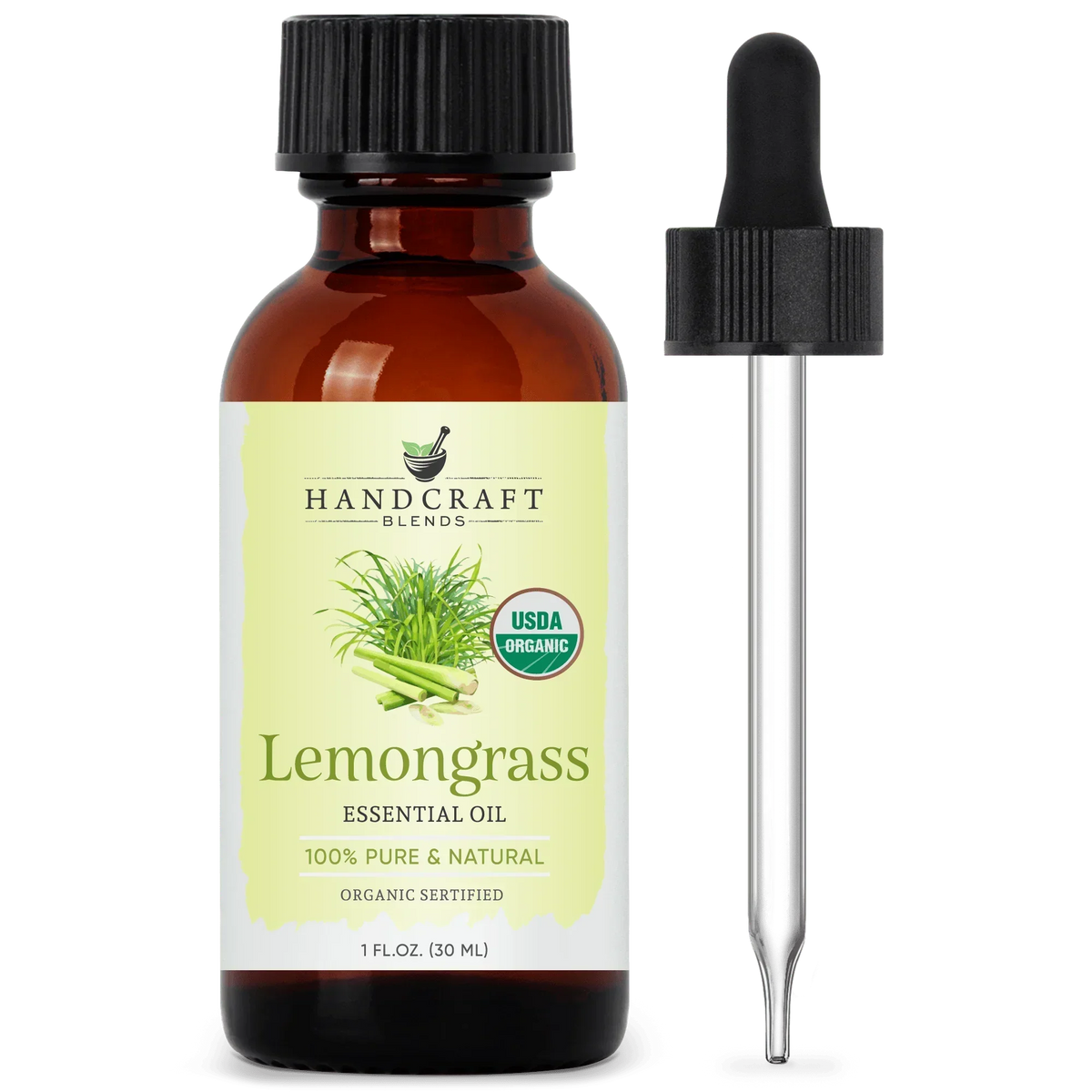 Amber glass bottle of lemongrass essential oil with dropper, USDA organic label visible.