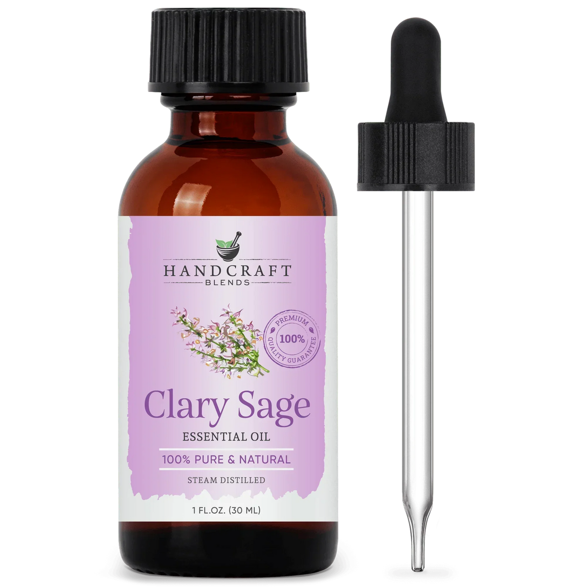 Clary sage essential oil bottle with dropper, 1oz, labeled 100% pure and natural, steam distilled.