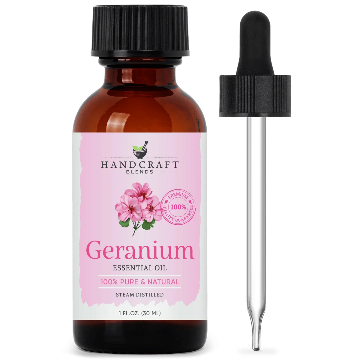 Geranium essential oil 1oz amber bottle with pink label and dropper for aromatherapy
