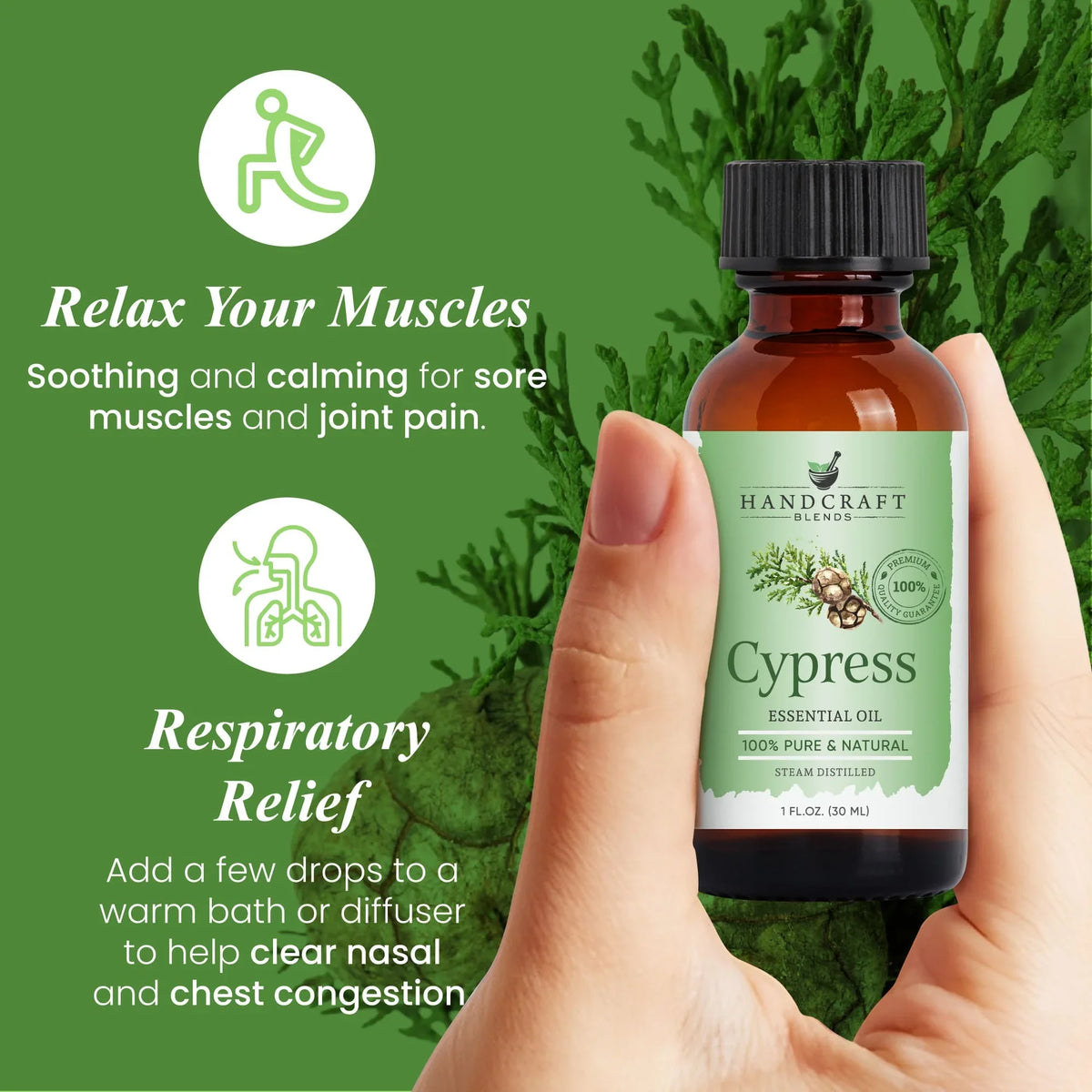 Hand holding a bottle of cypress essential oil against a green background with text highlighting its benefits for muscle relaxation and respiratory relief.