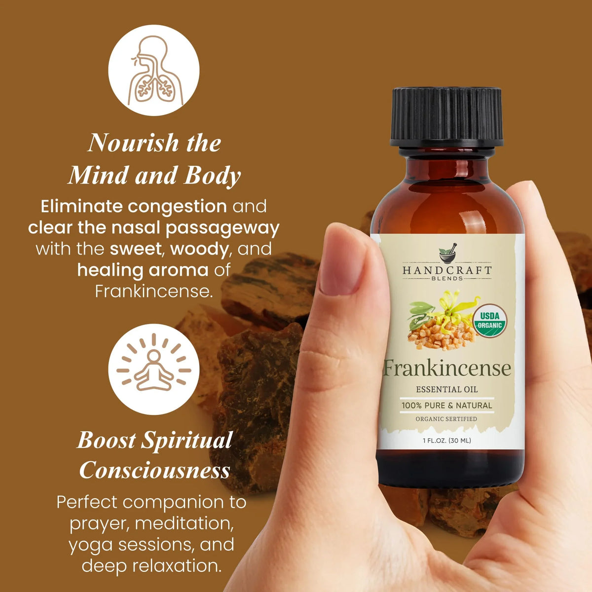Hand holding a bottle of organic frankincense essential oil with wellness and aromatherapy benefits highlighted.