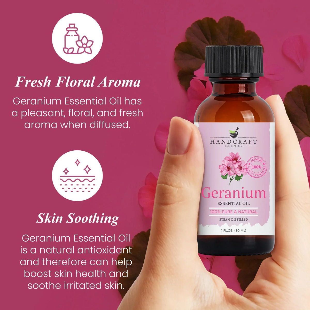Hand holding Geranium essential oil bottle, pink floral background, skin soothing benefits highlighted