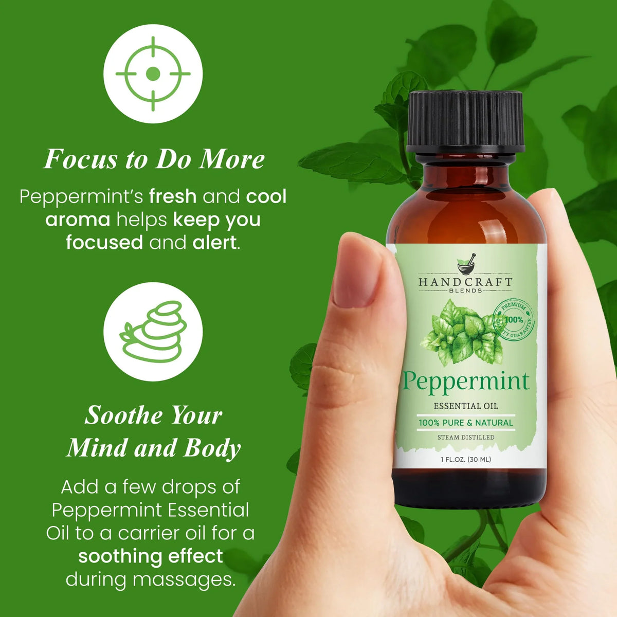 Hand holding bottle of peppermint essential oil with green label, text highlights aromatherapy benefits.