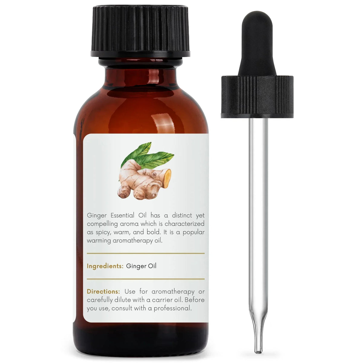 Amber glass bottle of ginger essential oil with dropper and label showing ginger root illustration