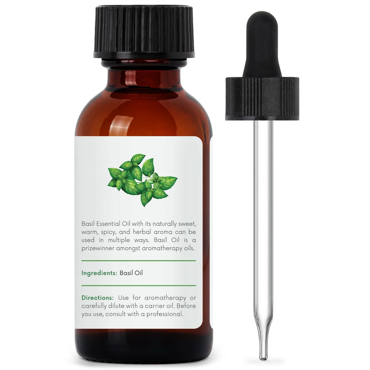 Amber glass bottle of basil essential oil with dropper, aromatic healing oil for aromatherapy.