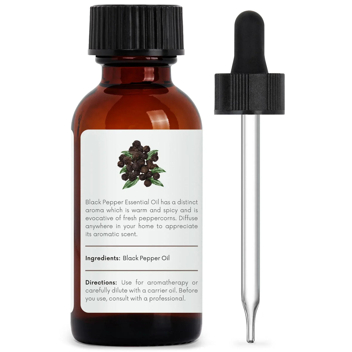 Amber bottle of black pepper essential oil with dropper, labeled for aromatherapy use