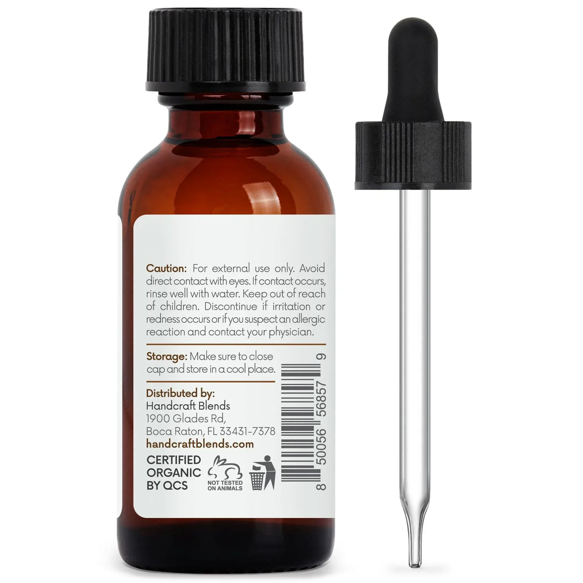 Amber glass essential oil bottle with safety instructions label and separate dropper