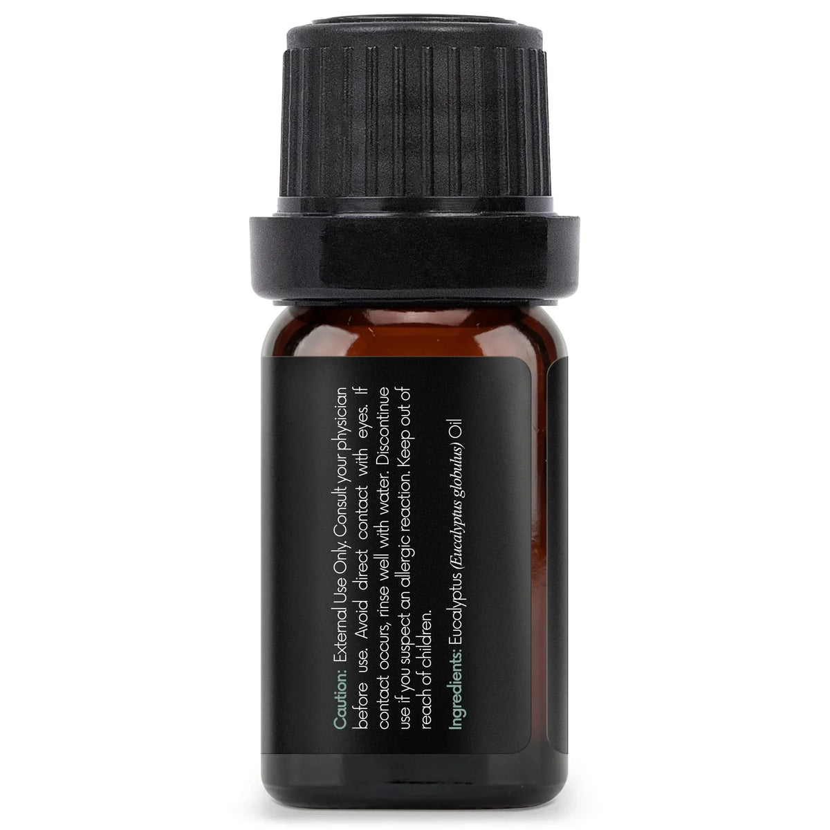 Amber glass bottle of eucalyptus essential oil with black cap and caution label