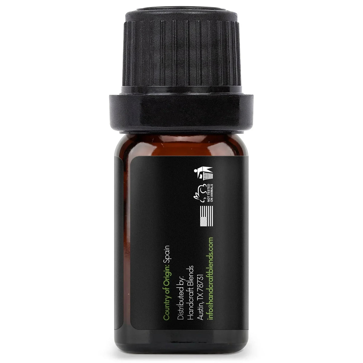Amber glass essential oil bottle with black label and cap for aromatherapy blends