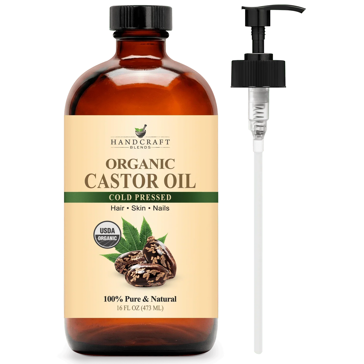 16 oz amber glass bottle of organic castor oil with pump, cold pressed for hair, skin, nails