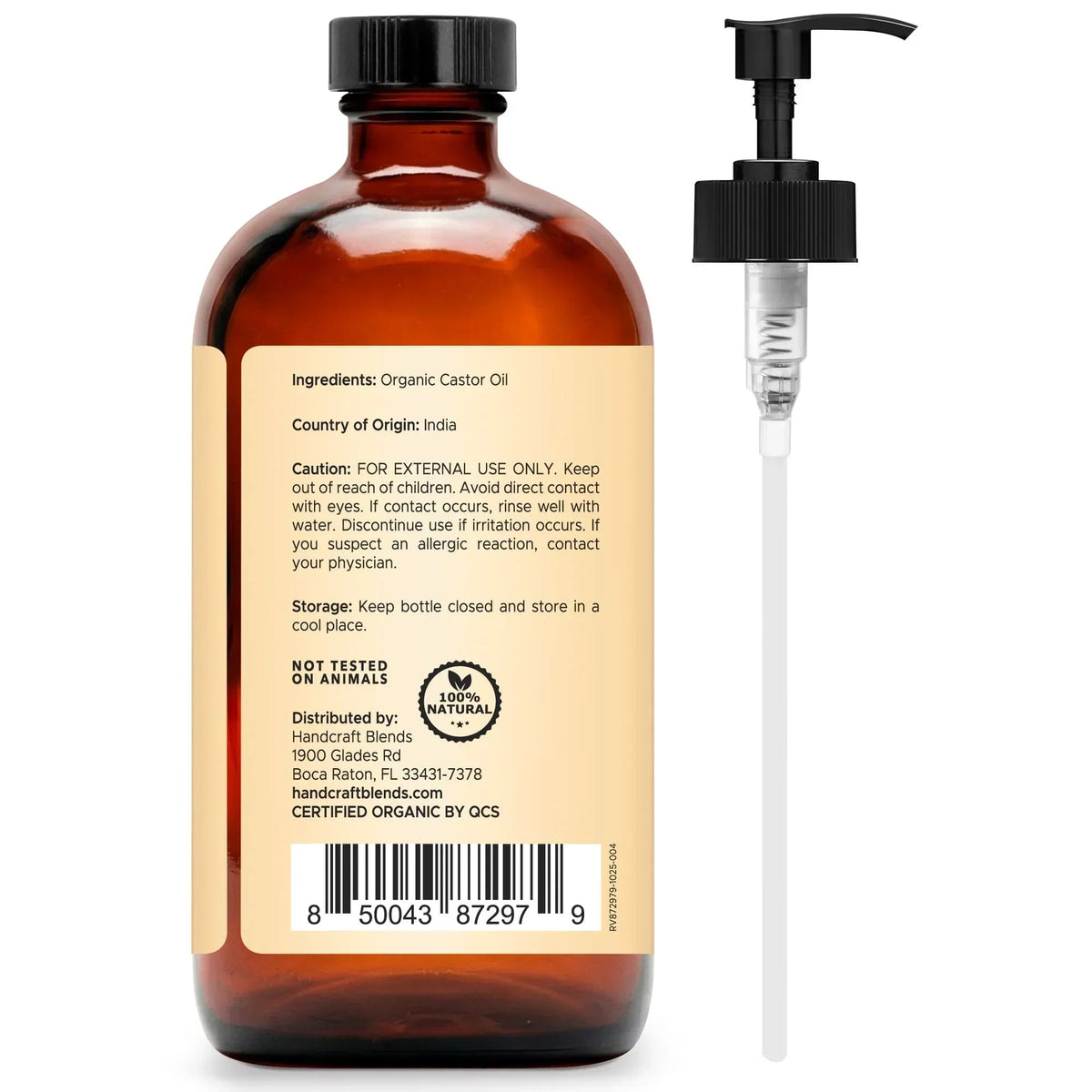 Amber glass bottle of organic castor oil with black cap and separate pump dispenser