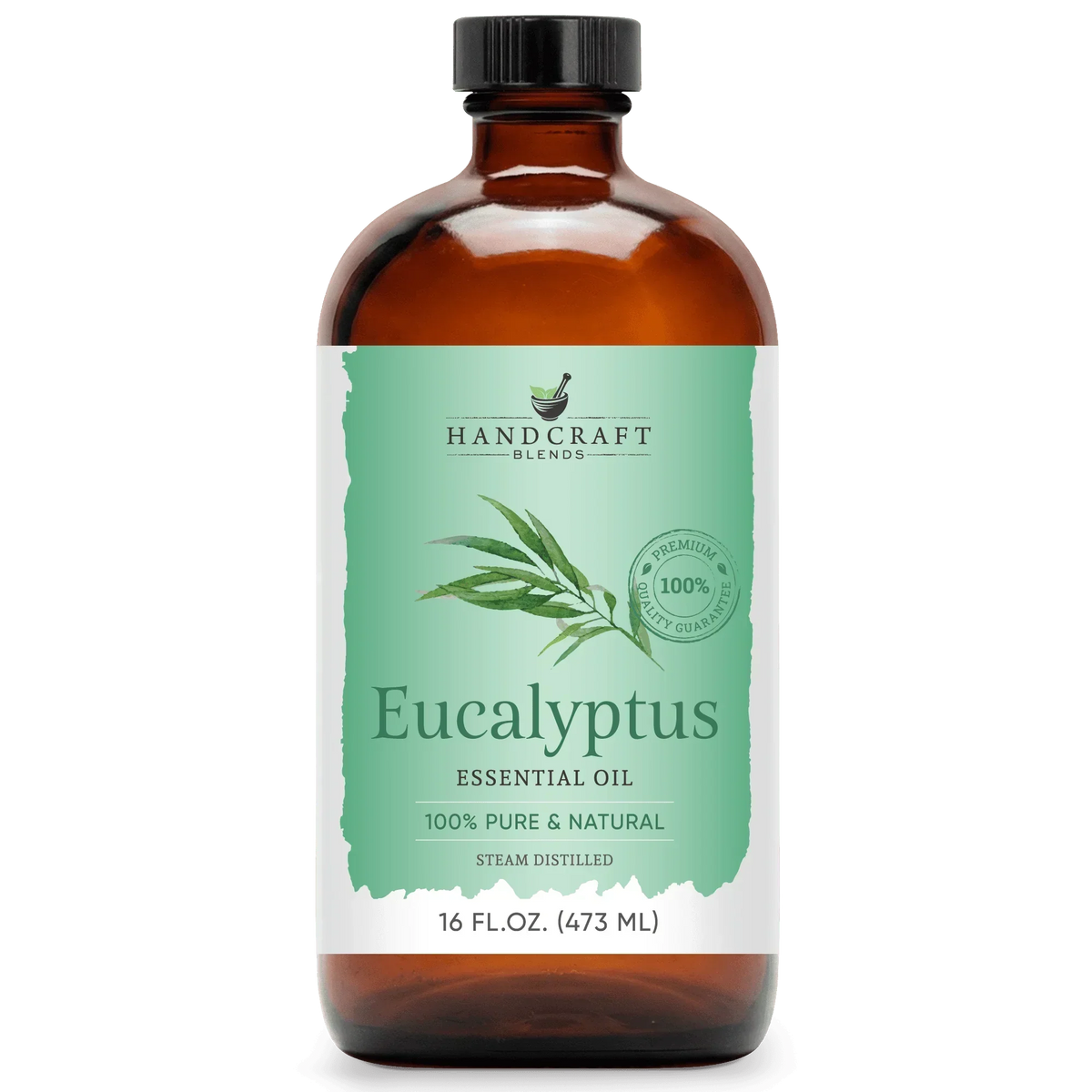 16 oz amber glass bottle of eucalyptus essential oil, labeled 100% pure and natural.
