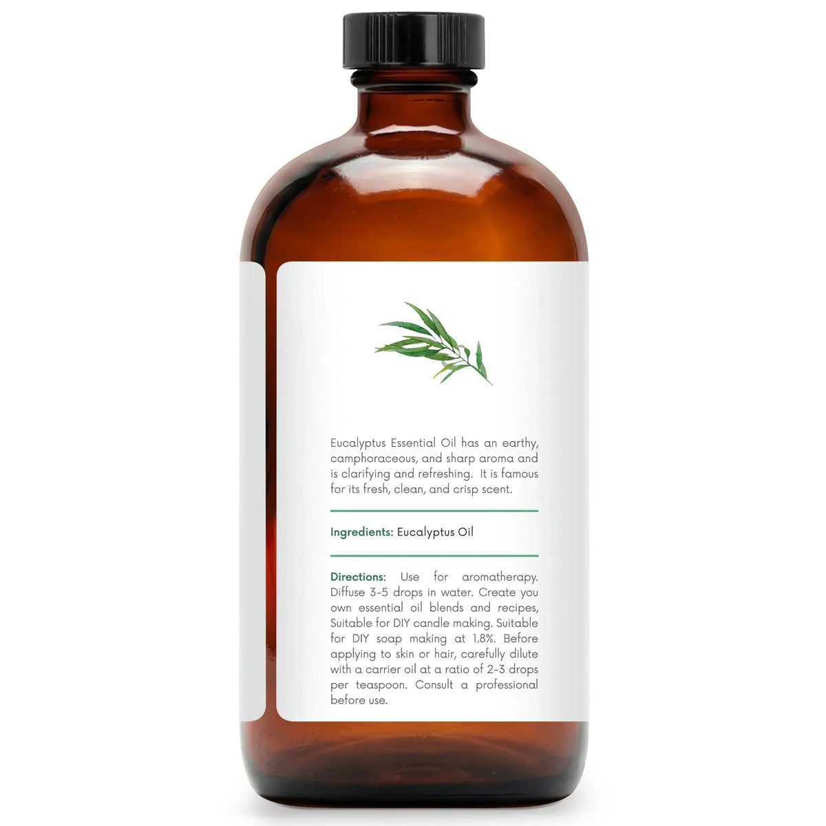 16 oz amber glass bottle of eucalyptus essential oil with product label and black cap