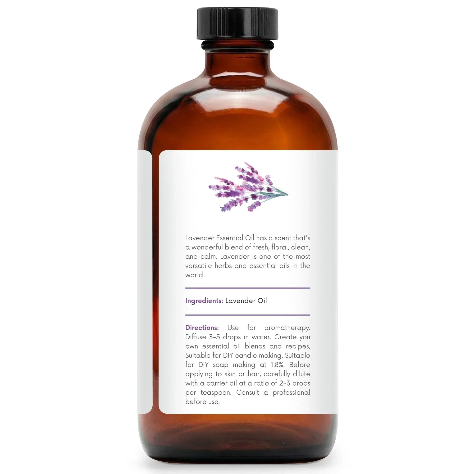Amber glass bottle of lavender essential oil with label showing directions and ingredients.