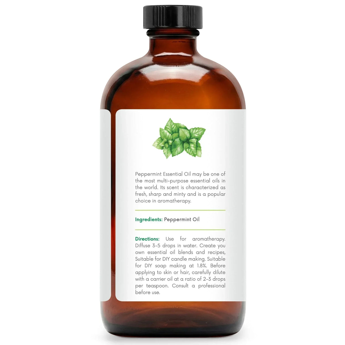 16 oz amber glass bottle of peppermint essential oil with mint leaf illustration and usage directions.