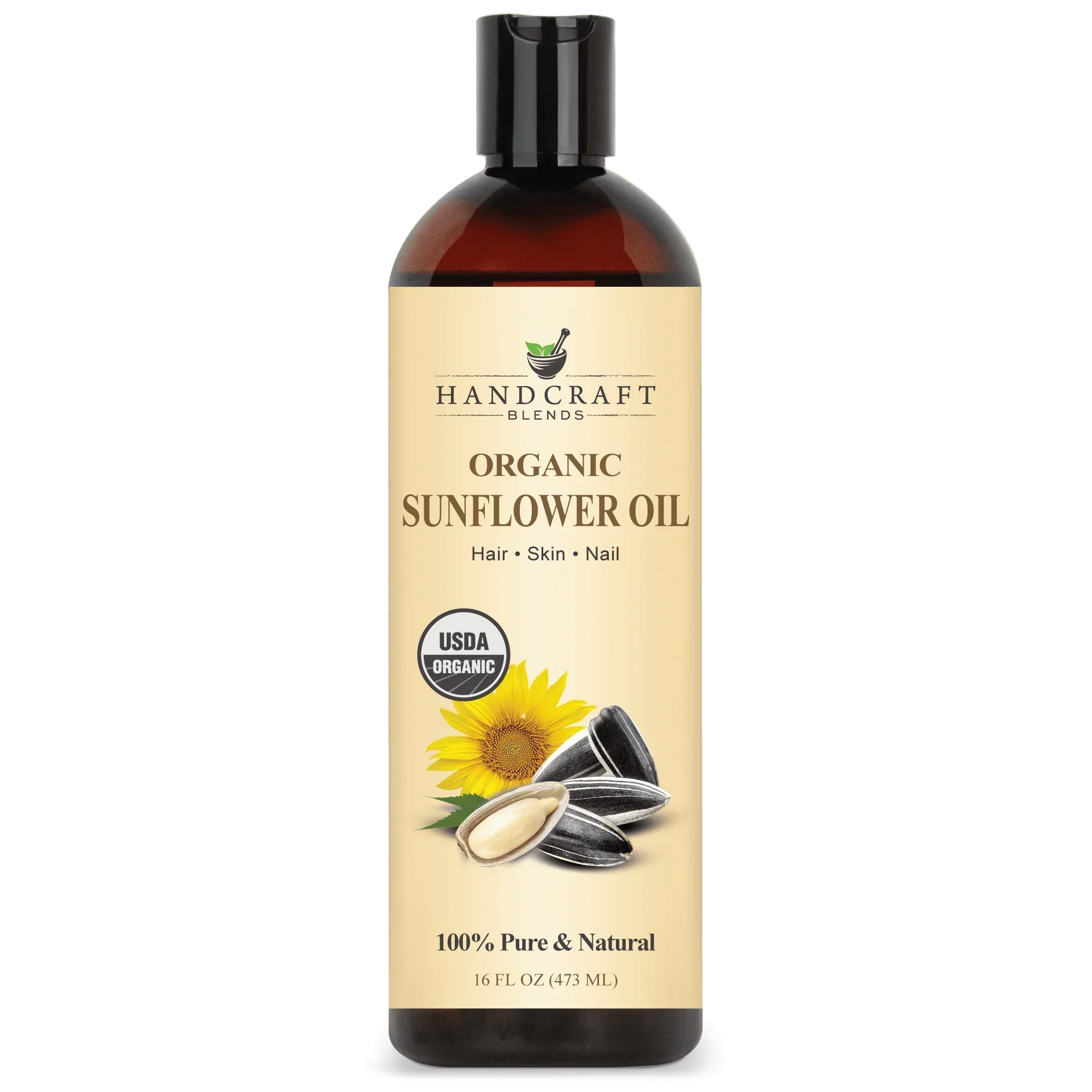16oz bottle of organic sunflower oil for hair, skin, and nails with sunflower seeds image