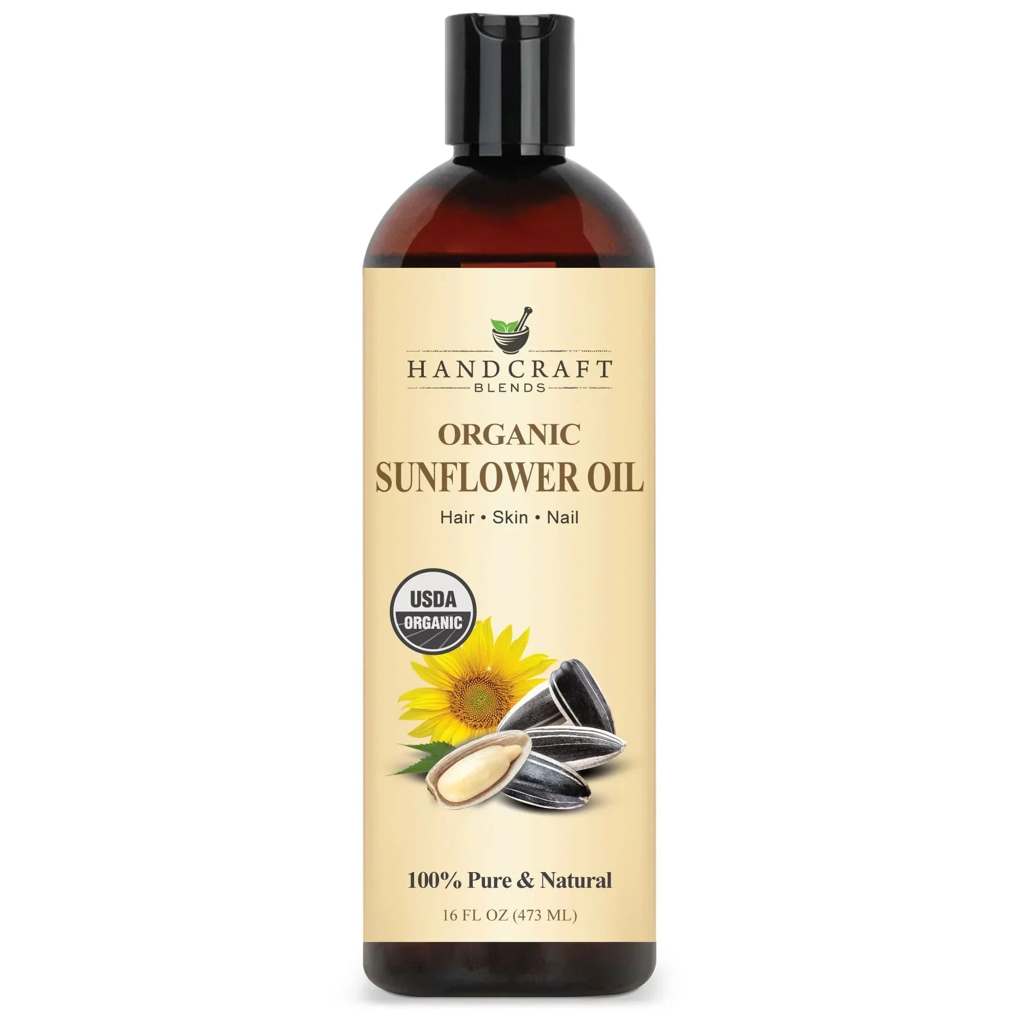16oz bottle of organic sunflower oil for hair, skin, and nail care, with sunflower and seeds on label.