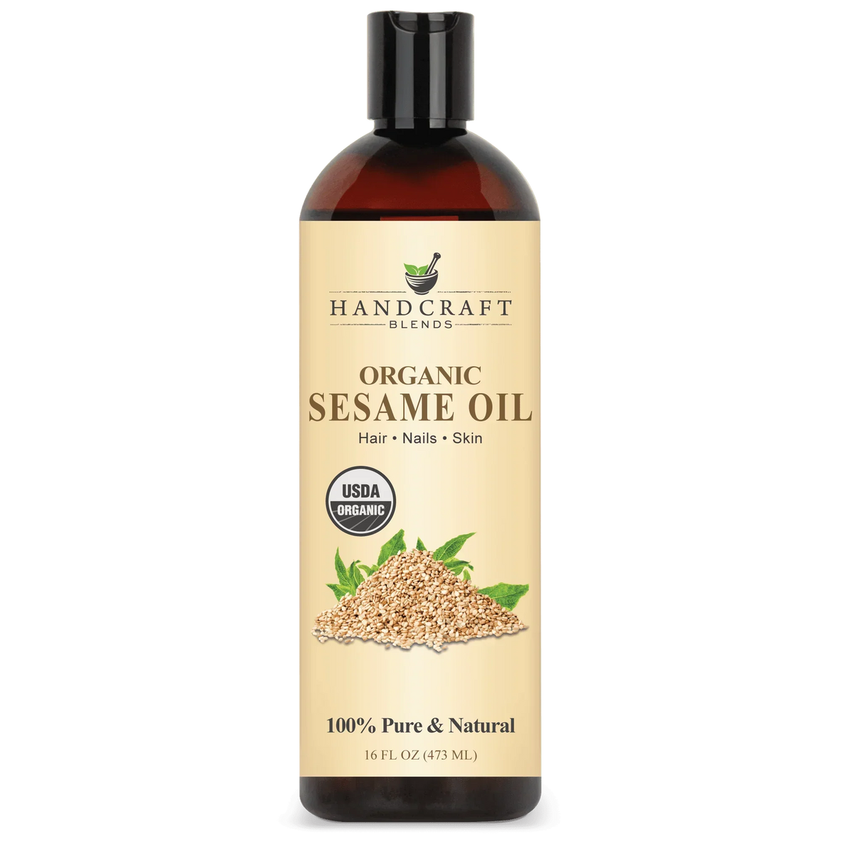 16oz bottle of organic sesame oil for hair, nails, and skin with USDA organic label