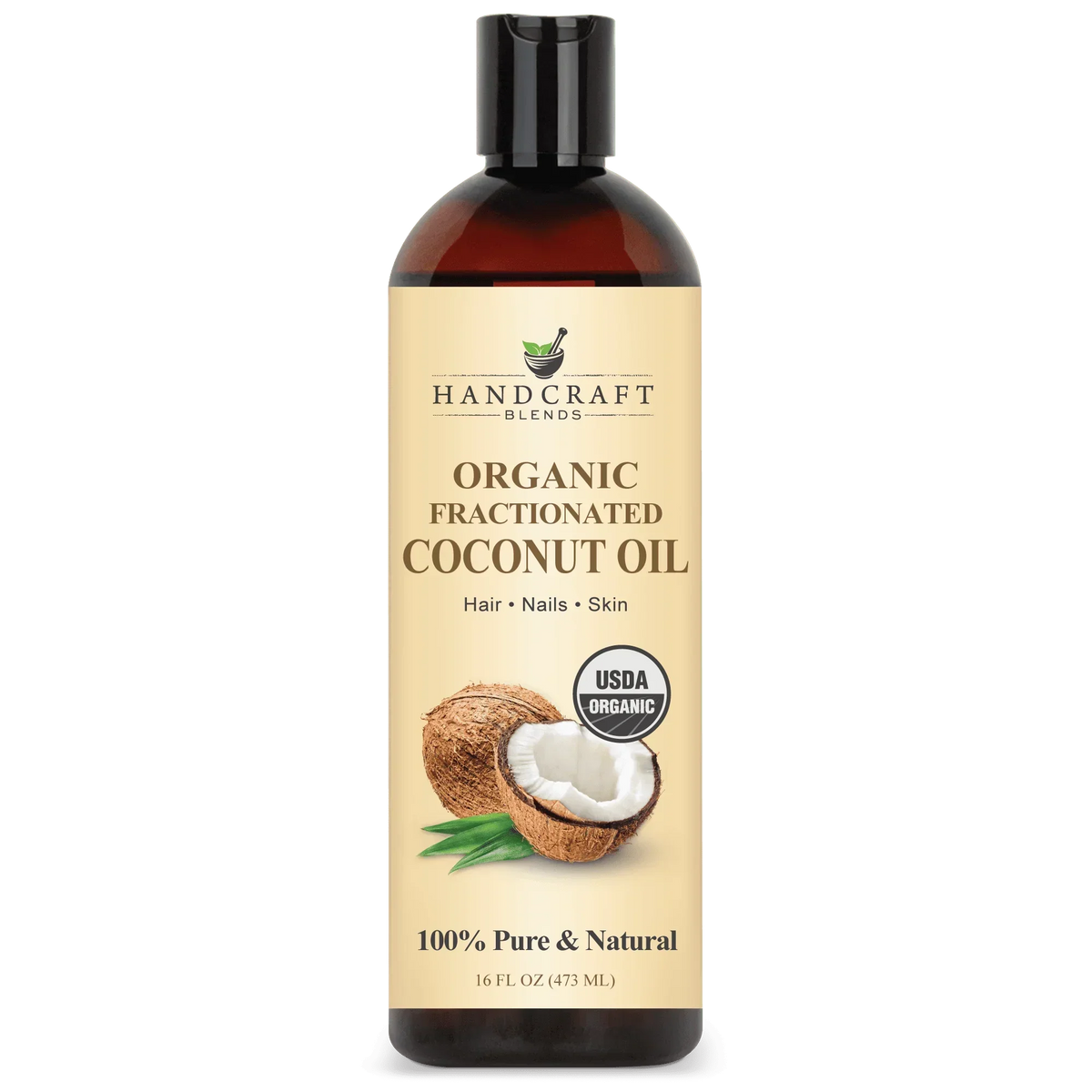 16oz bottle of organic fractionated coconut oil for hair, nails, and skin, USDA certified