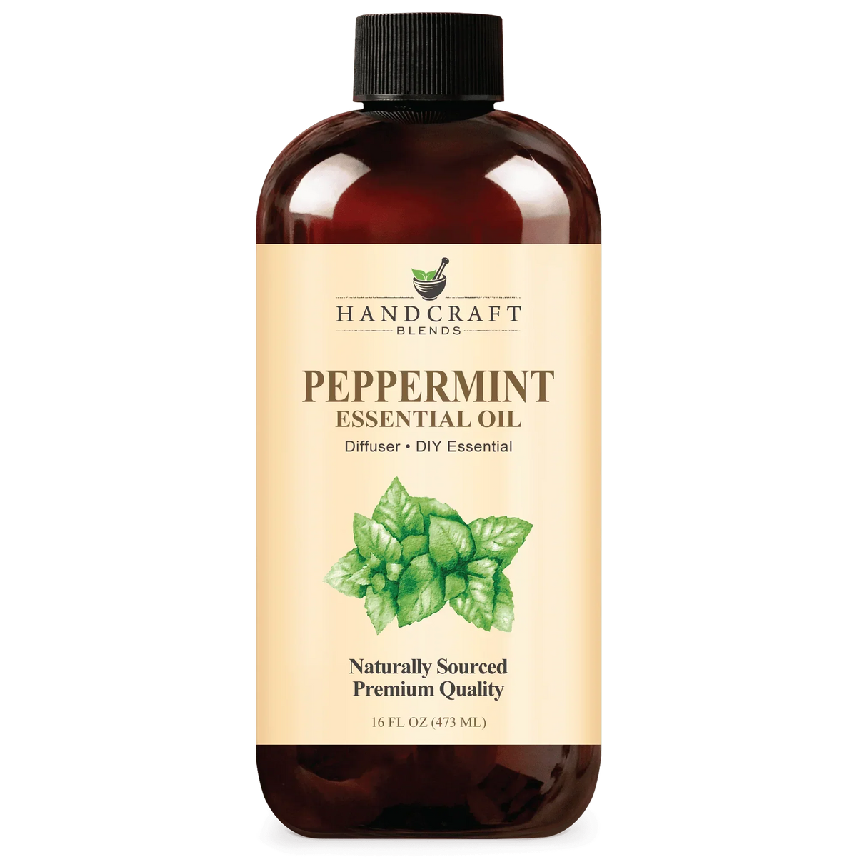 16oz bottle of peppermint essential oil for aromatherapy and DIY blends, labeled premium quality.