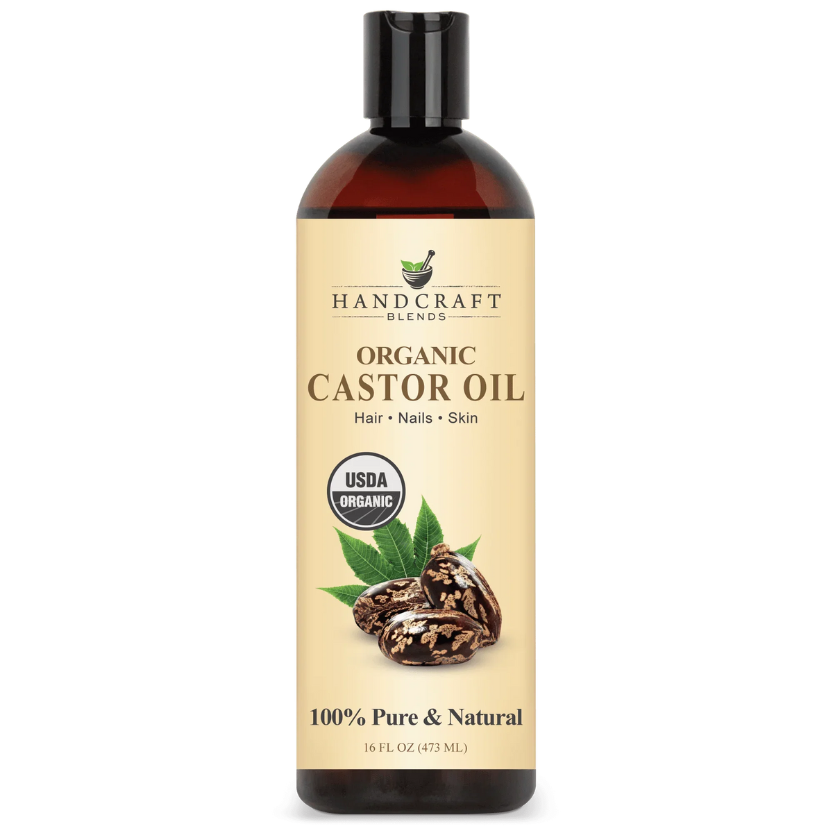16oz bottle of organic castor oil for hair, nails, skin with USDA Organic seal