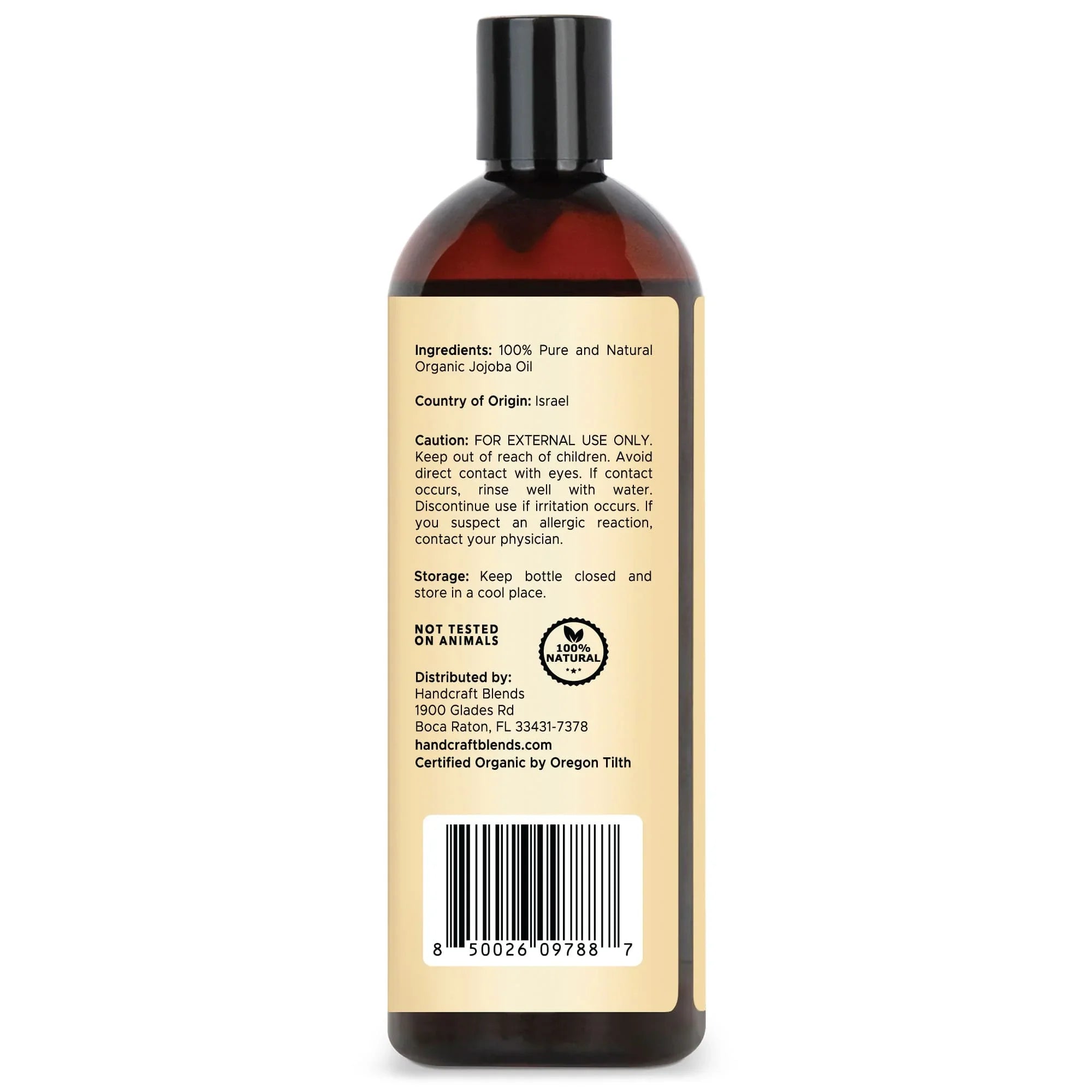 Handcraft Blends 16oz organic jojoba oil bottle with label, barcode, and usage details