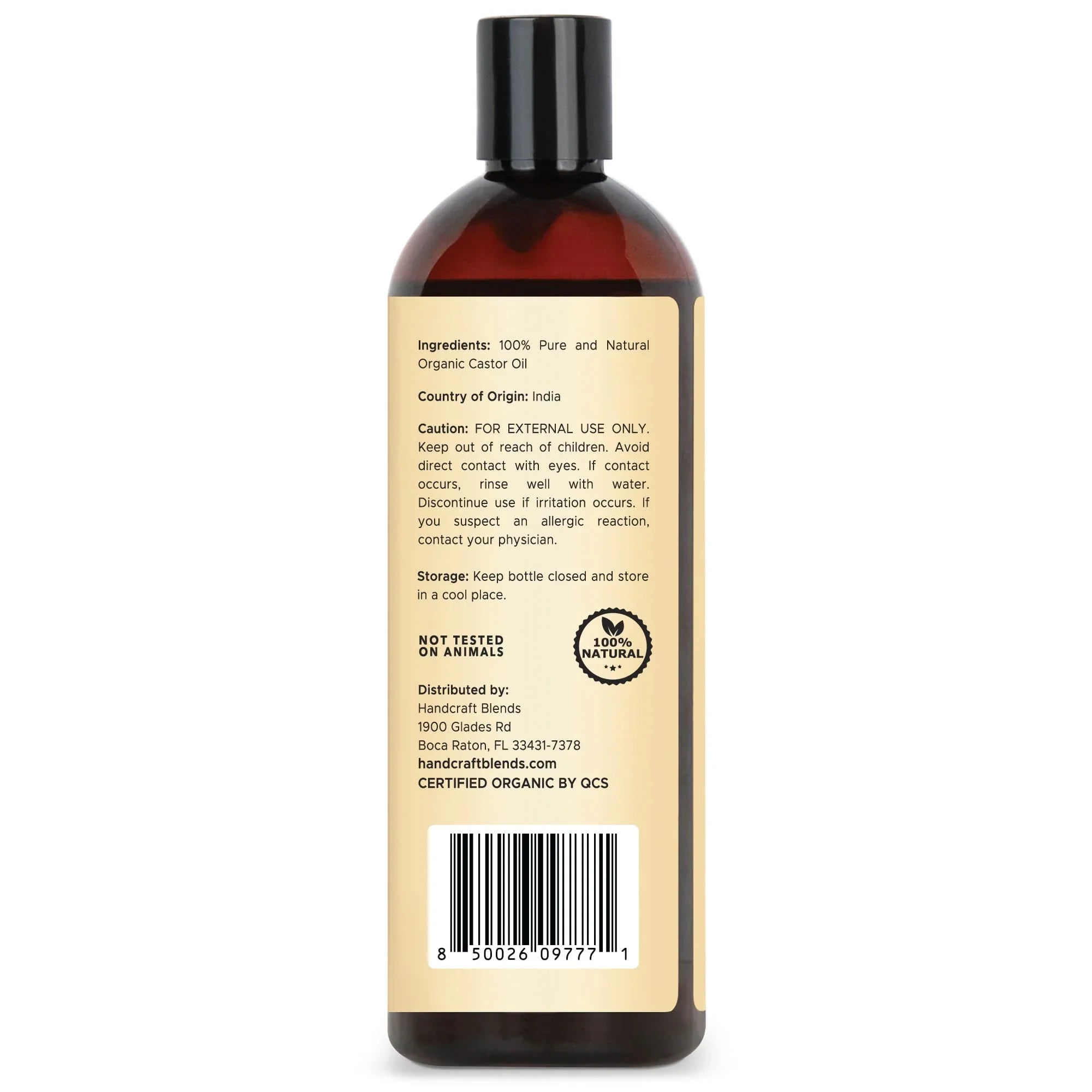 Handcraft Blends organic castor oil 16oz bottle, ingredients and certification label visible