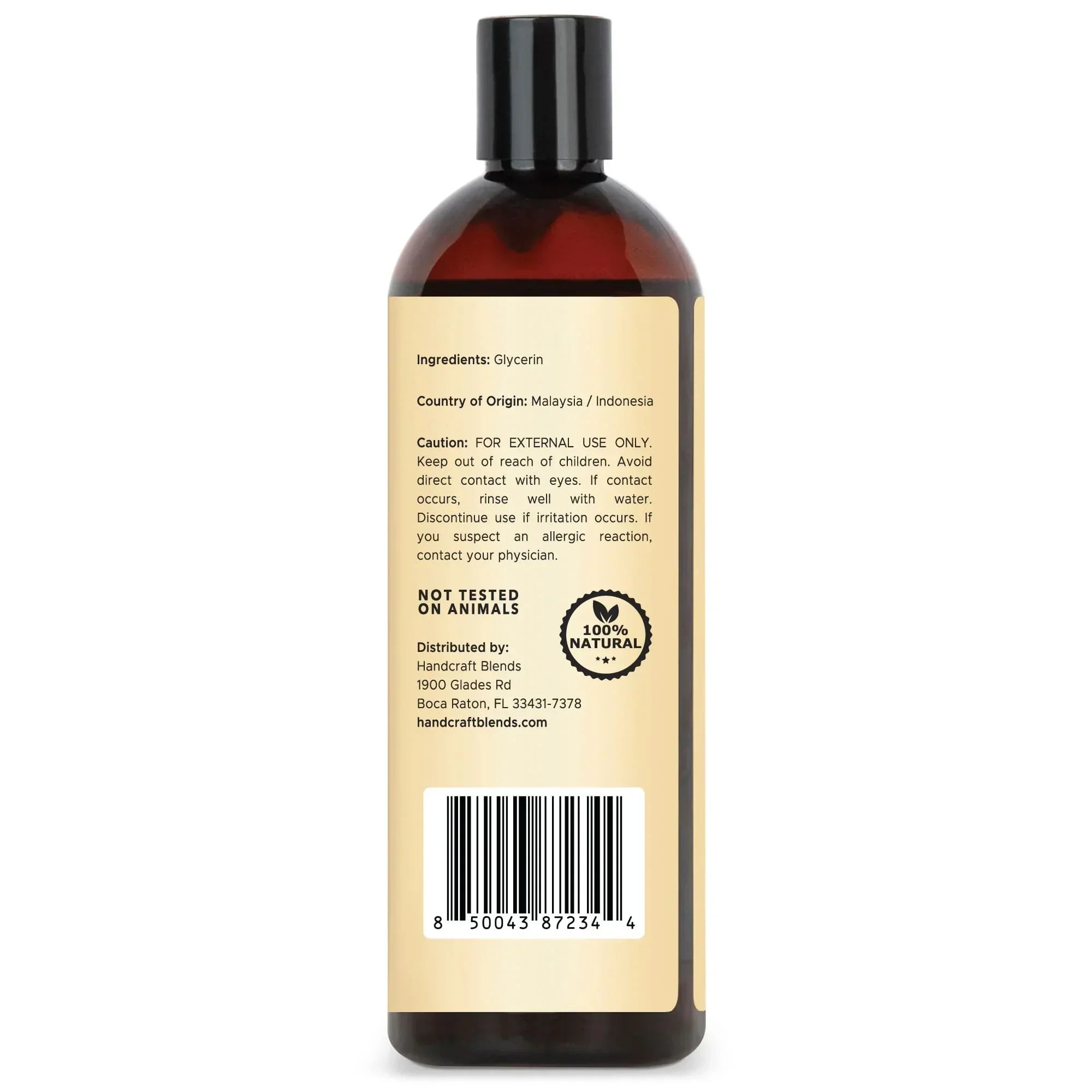 Back label of 16oz amber bottle of glycerin, showing ingredients, cautions, barcode.