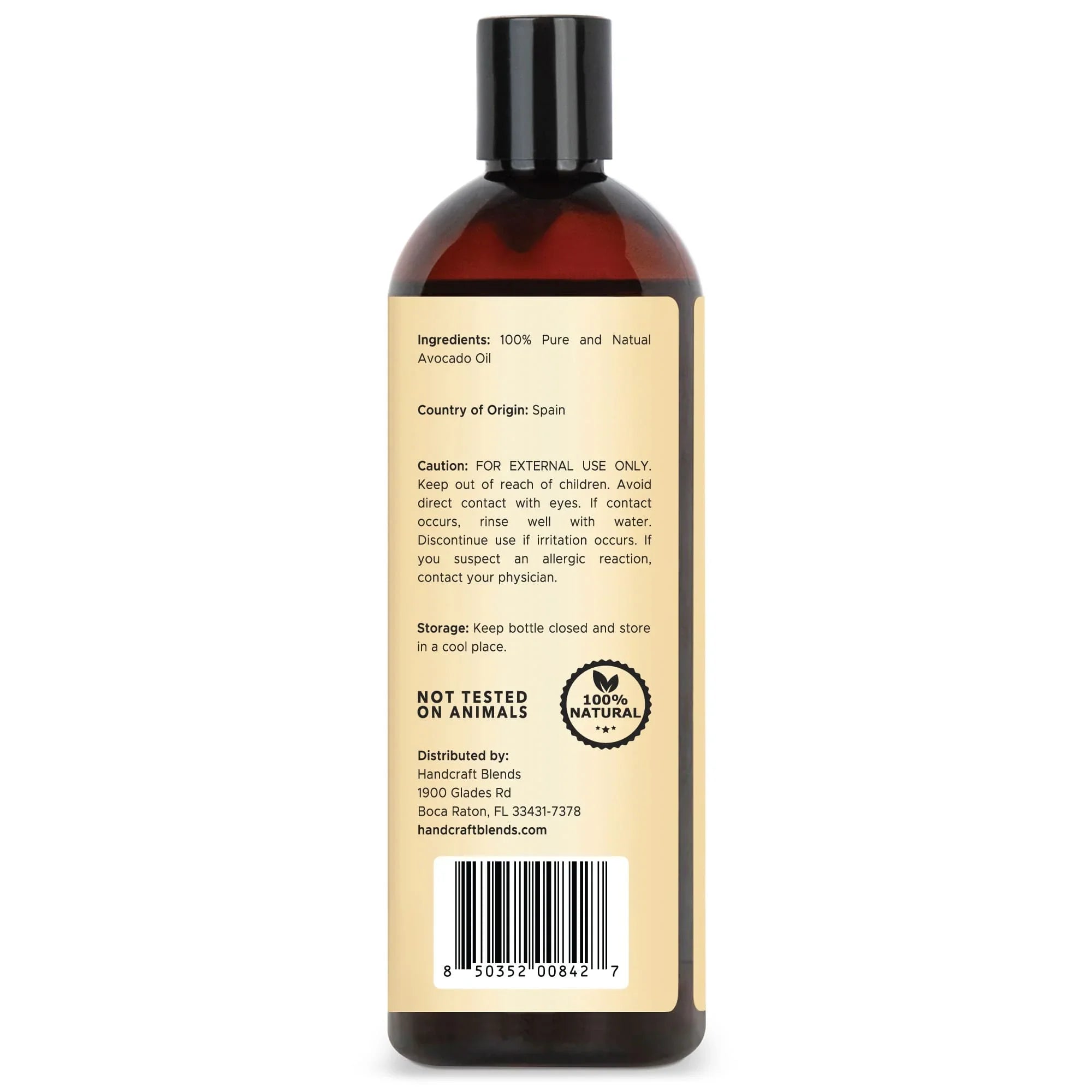 Handcraft Blends 16oz natural avocado oil bottle, ingredients label and barcode visible