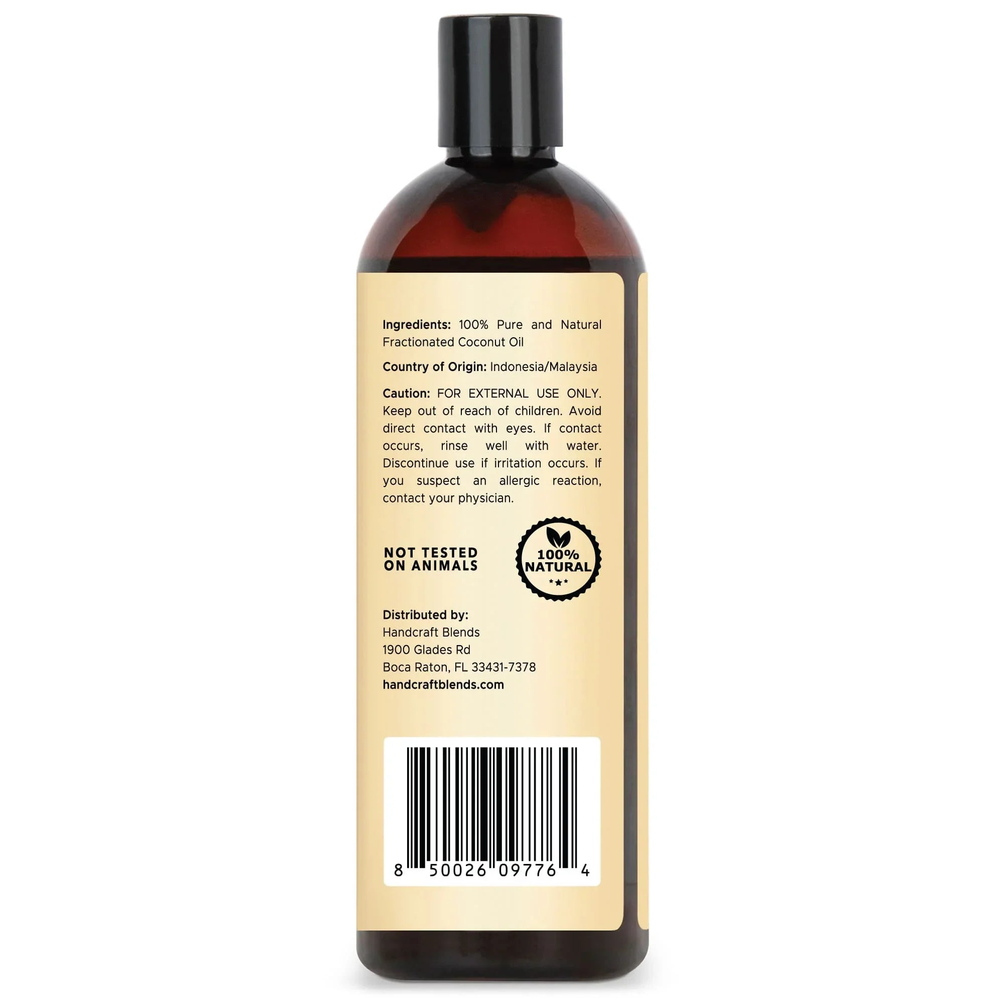 Handcraft Blends 16oz fractionated coconut oil bottle with label showing ingredients and cautions