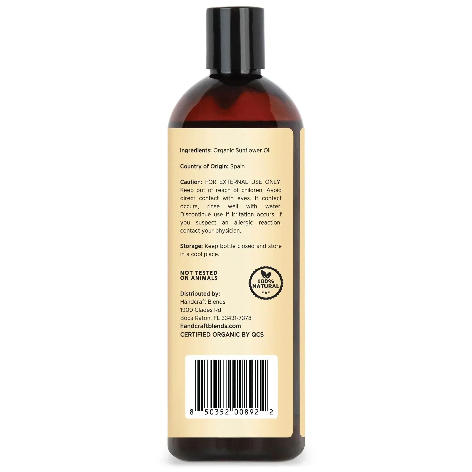 Back label of 16oz organic sunflower carrier oil bottle with ingredient and caution details.