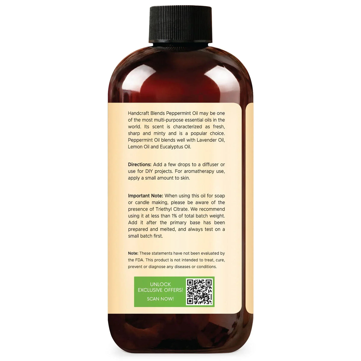 16oz amber bottle with black cap, product instructions and QR code for peppermint essential oil.