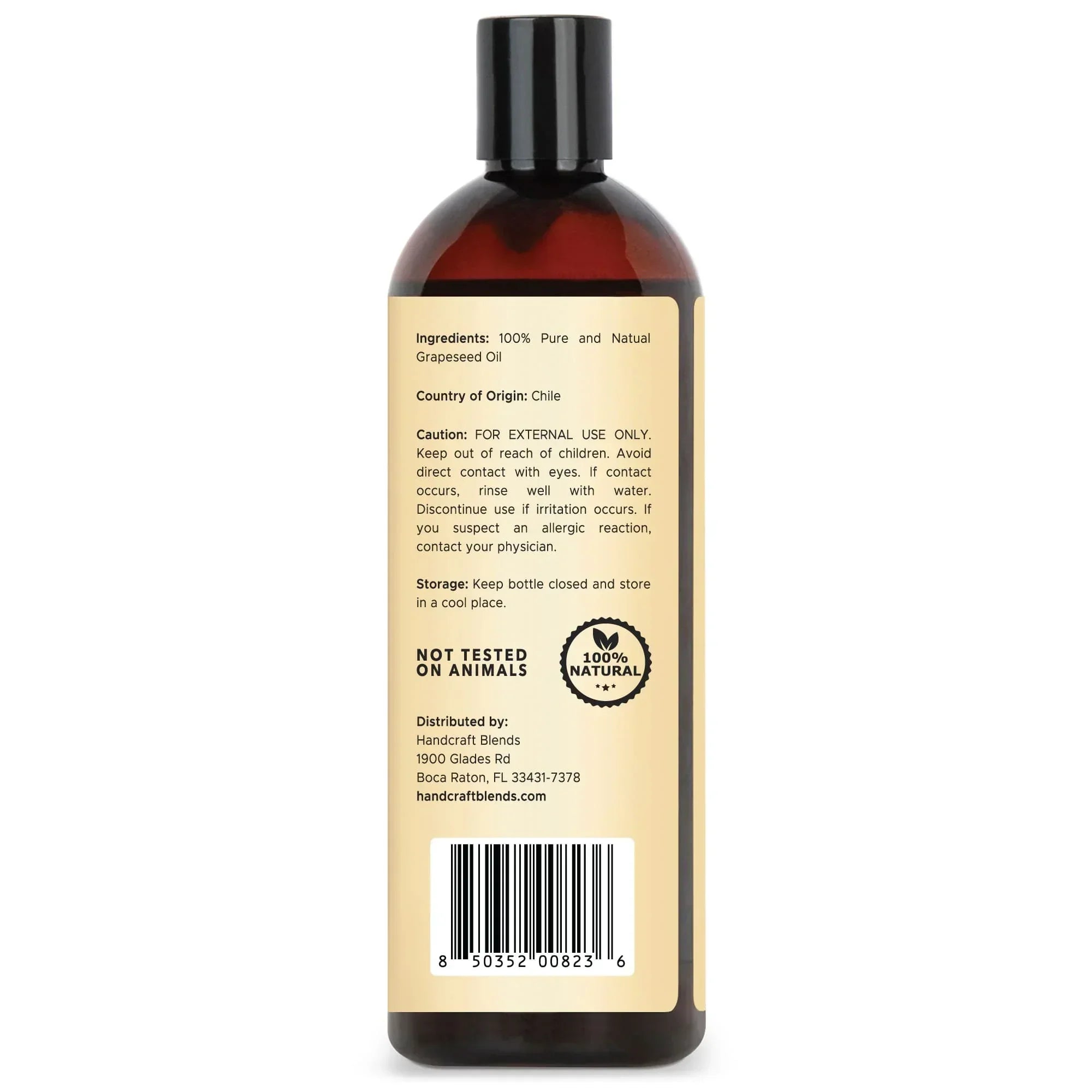 Handcraft Blends 16oz grapeseed oil bottle with label, 100% natural, not tested on animals