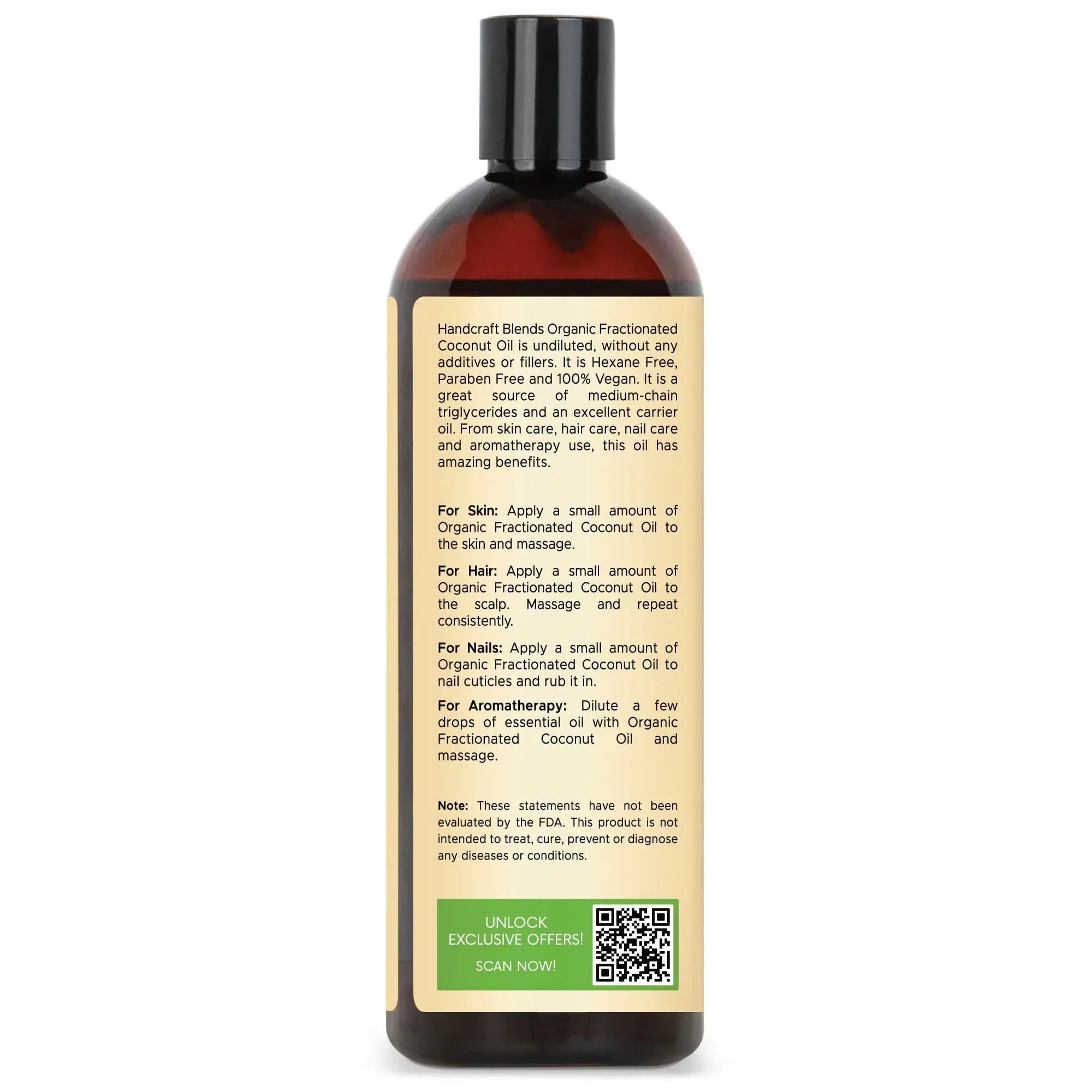 16oz amber bottle of organic fractionated coconut oil with product usage instructions on label