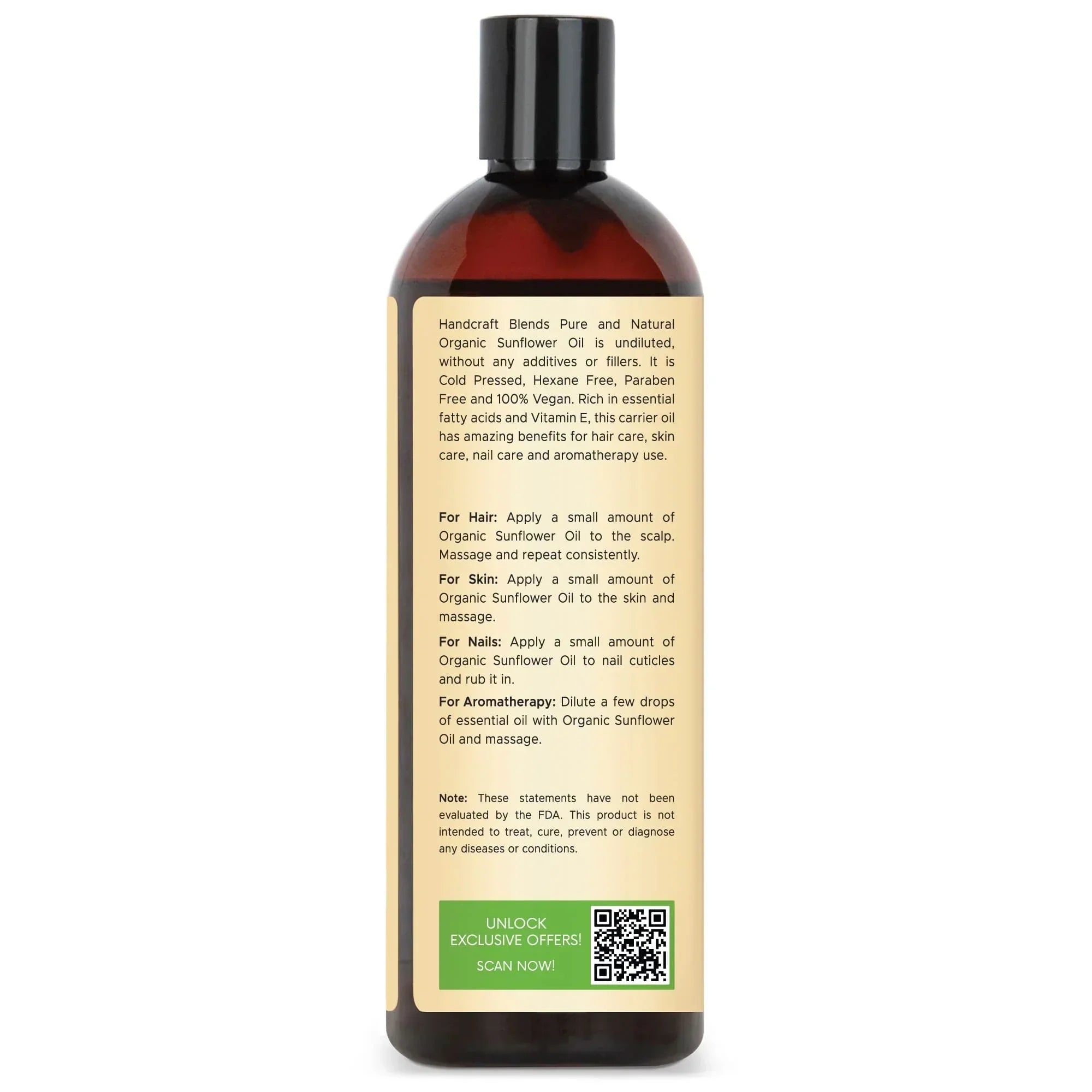 16oz amber bottle of organic sunflower oil with label showing hair, skin, nail, aromatherapy uses