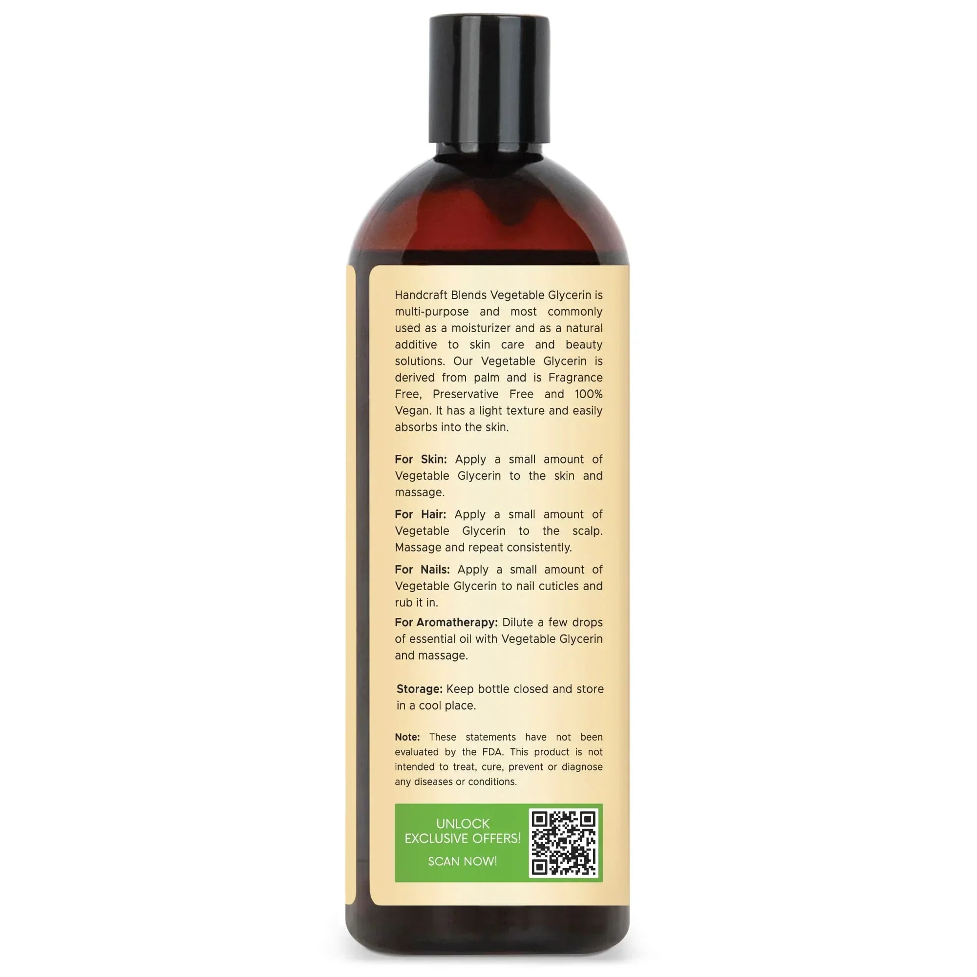 16oz bottle of vegetable glycerin carrier oil with usage instructions on the label.
