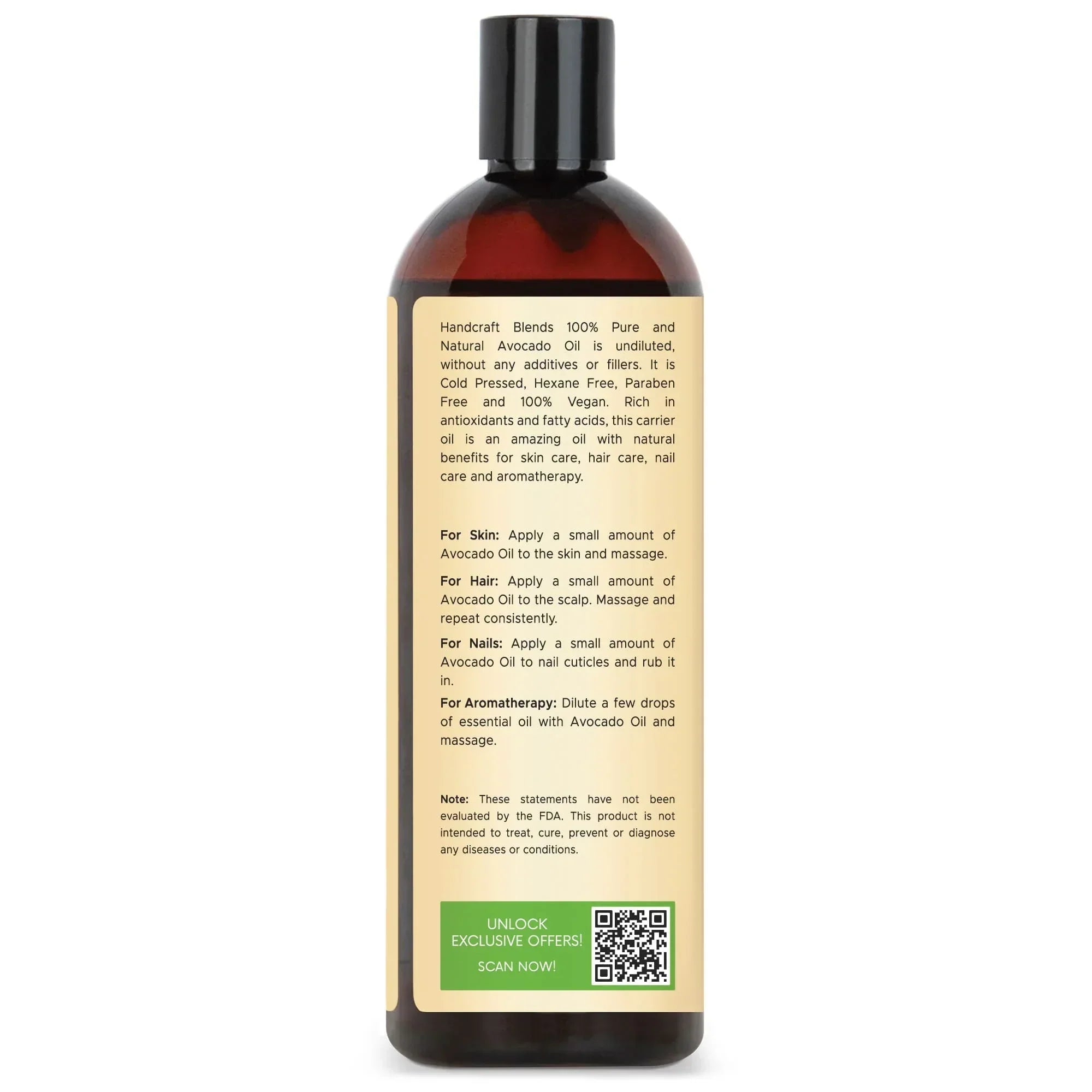 Handcraft Blends 16oz avocado oil bottle with product label for skin, hair, nail, aromatherapy