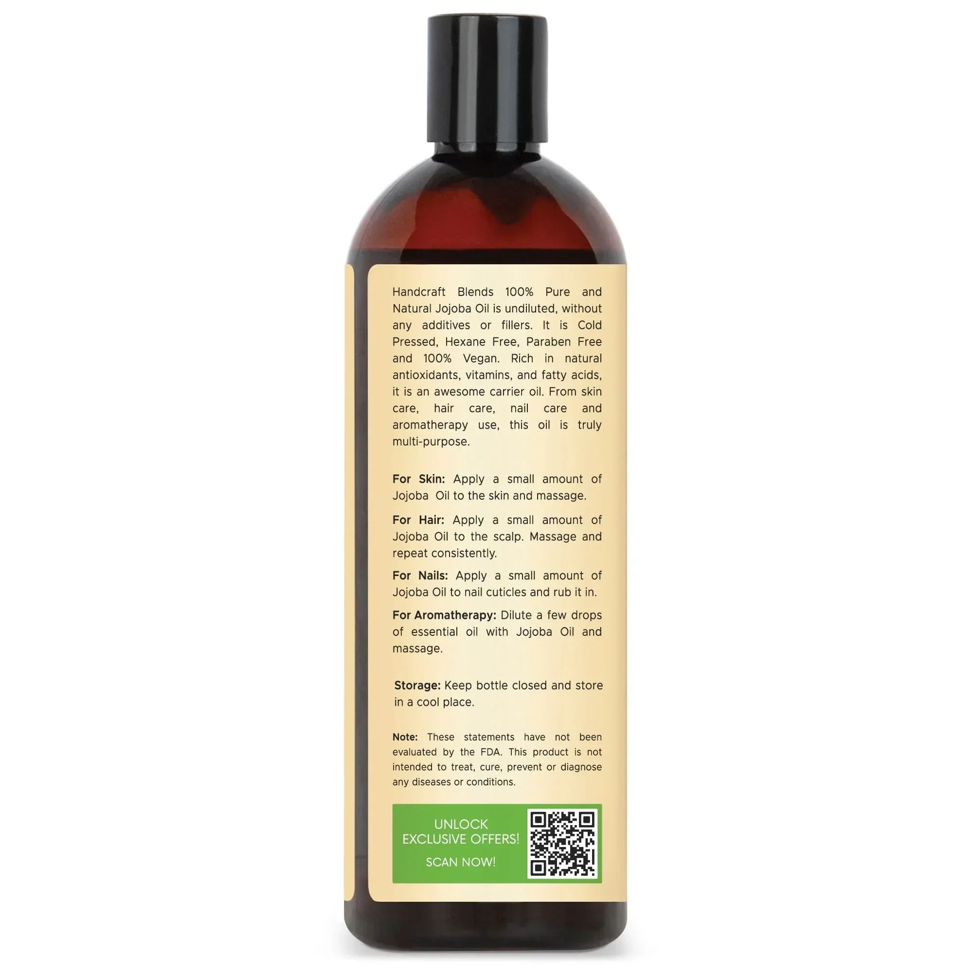 16oz amber bottle of pure jojoba oil with usage instructions and QR code on label