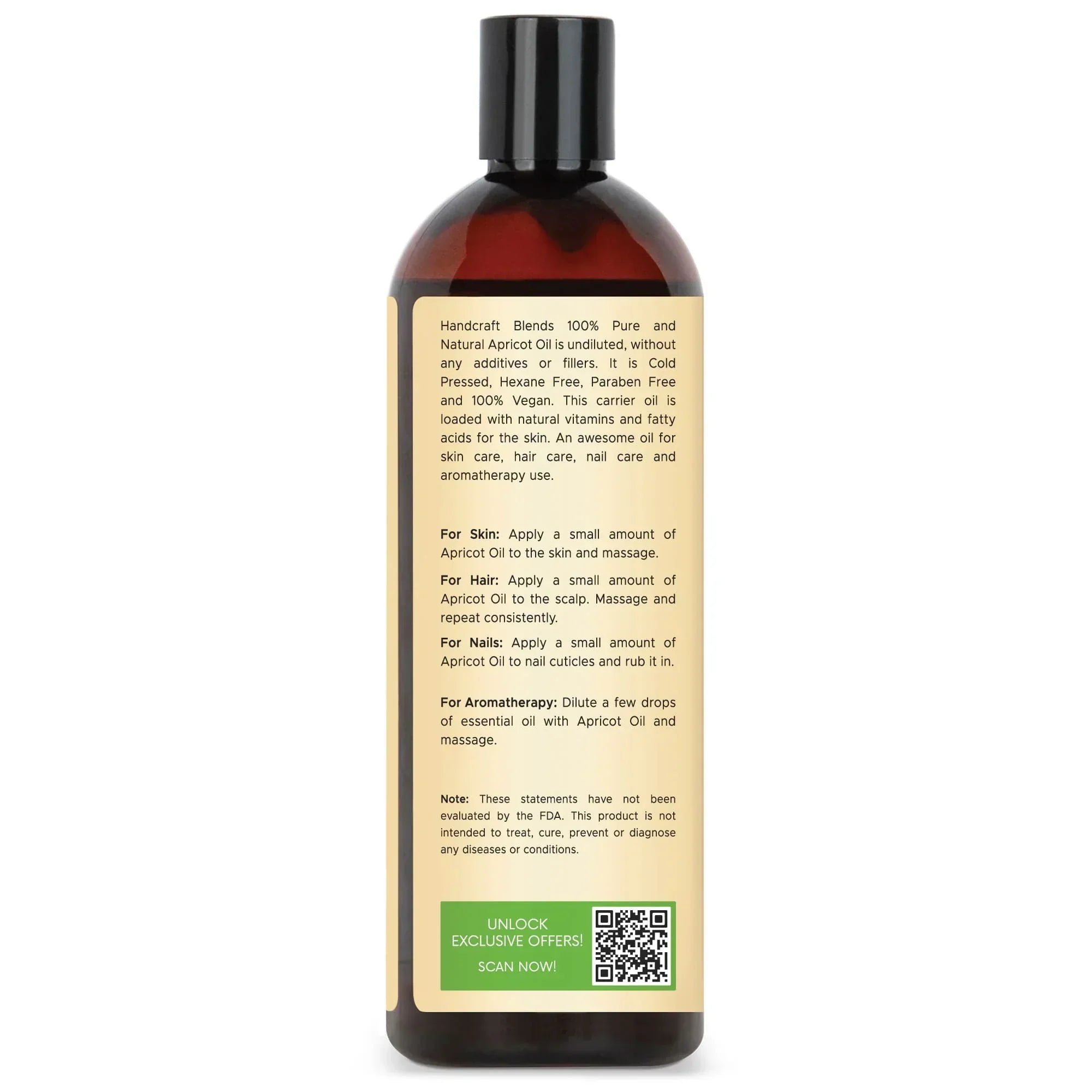 Handcraft Blends 16oz apricot oil bottle with usage instructions and natural oil keywords